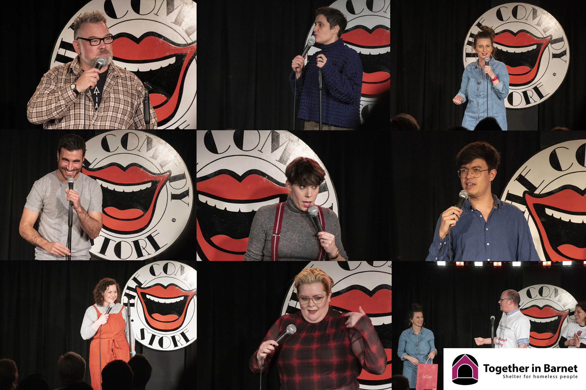Stewart Lee, Jen brister, Felicity Ward; 2nd row: Brett Goldstein, Suzi Ruffell, Phil Wang; 3rd row: Jess Fostekew, Jayde Adams, charity trustee Rabbi Elliott Karstadt