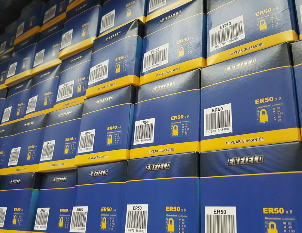 Cases of carded products on the warehouse shelves