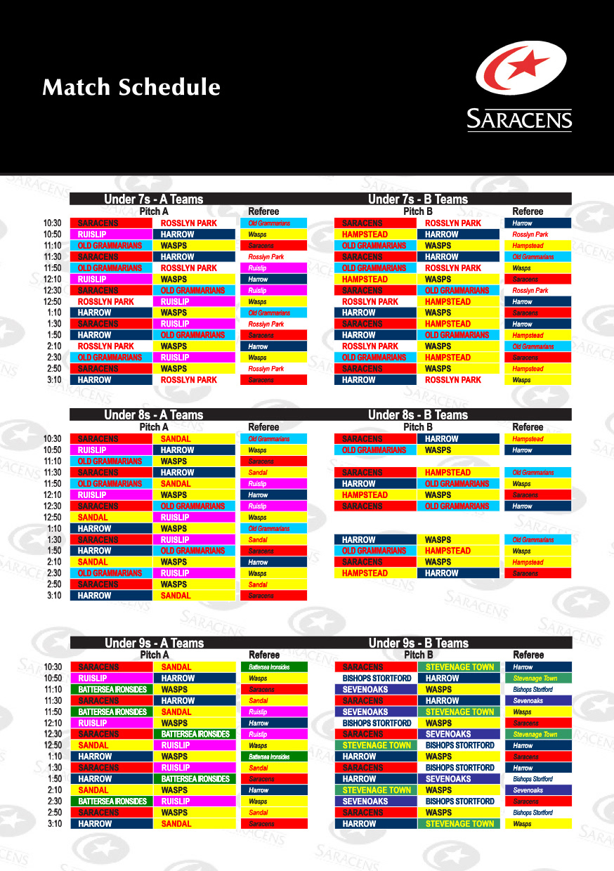Saracens Minis fixture table