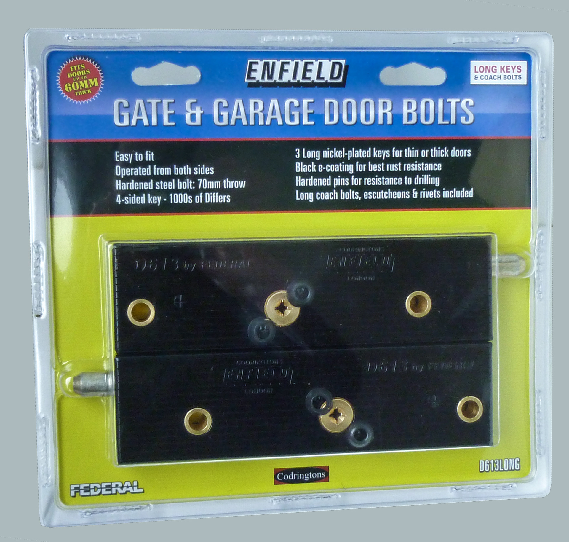 Enfield garage door bolt, long key, carded