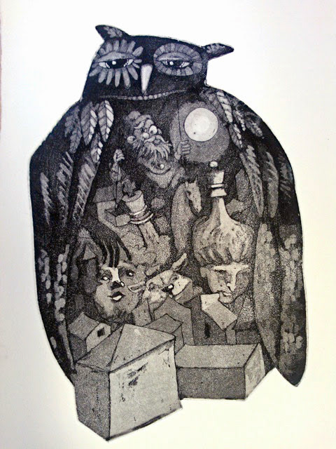 "Bakom ridån", etsning med akvatint (40 x 35 cm)