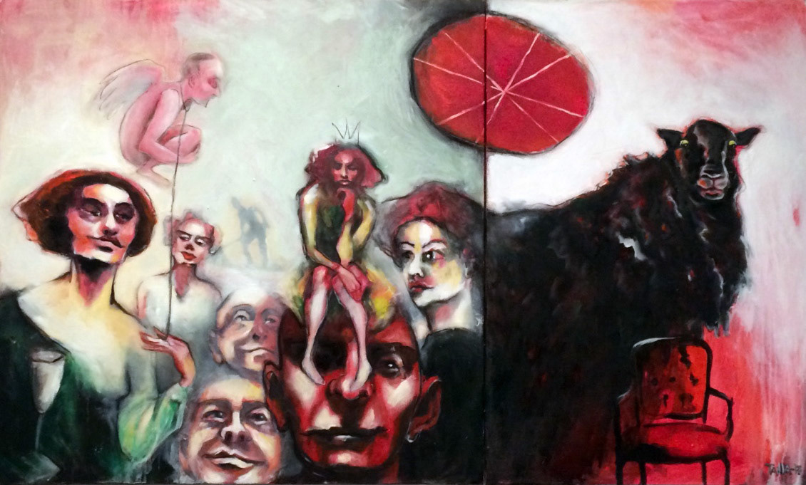 ”Släktträff”, olja på duk, 90 x160 cm