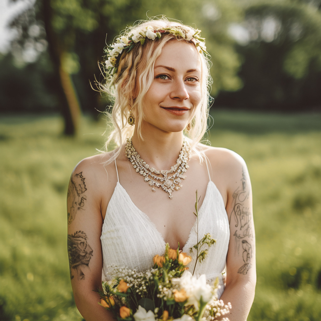 une mariée tatouée portant une couronne florale, dans le style de la lumière dorée, orange clair et vert clair, joyeuse et optimiste