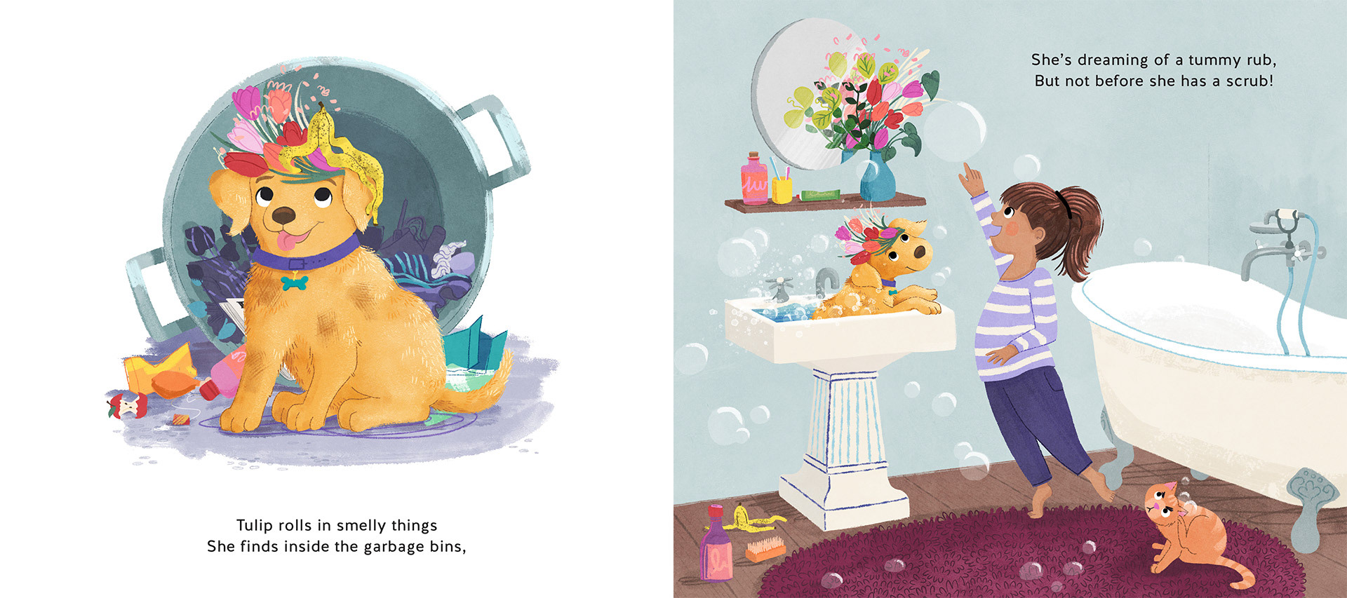 Tulip rolls in smelly things she finds inside the garbage bins. Flower Power Labradors from Affirm Press. Illustrated by Allison Langton