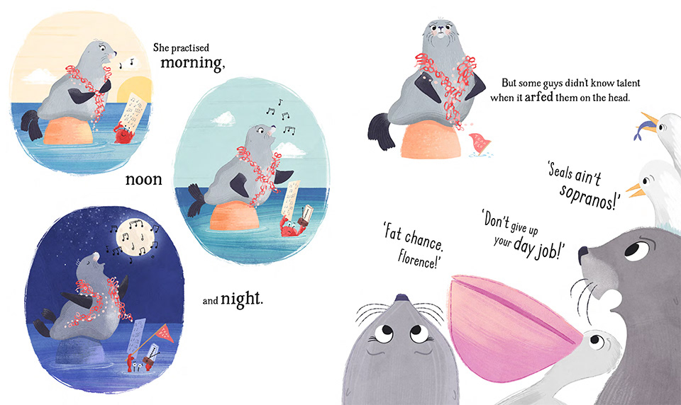 The Singing Seal - Florence practised morning, noon and night. Allison Langton, illustrator.