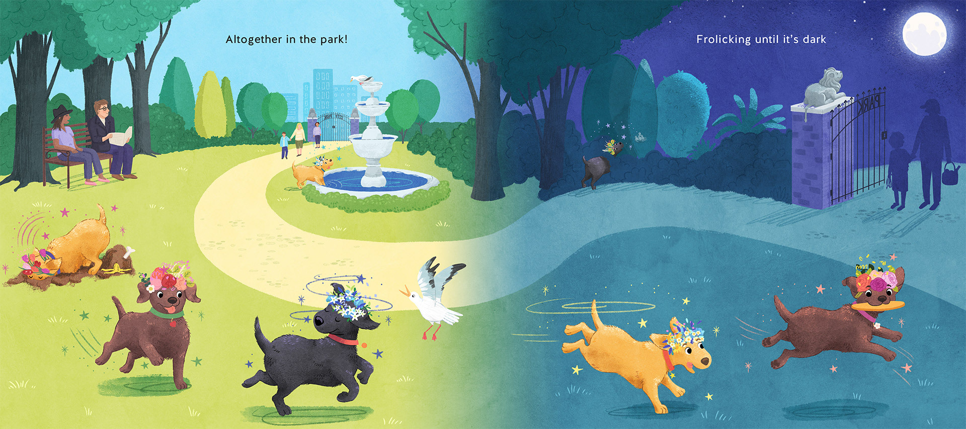 Altogether in the park! Flower Power Labradors from Affirm Press. Illustrated by Allison Langton.