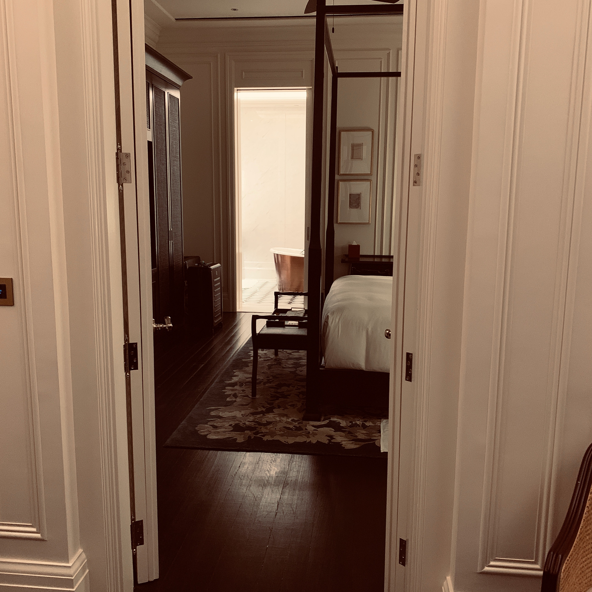 toward the bathroom