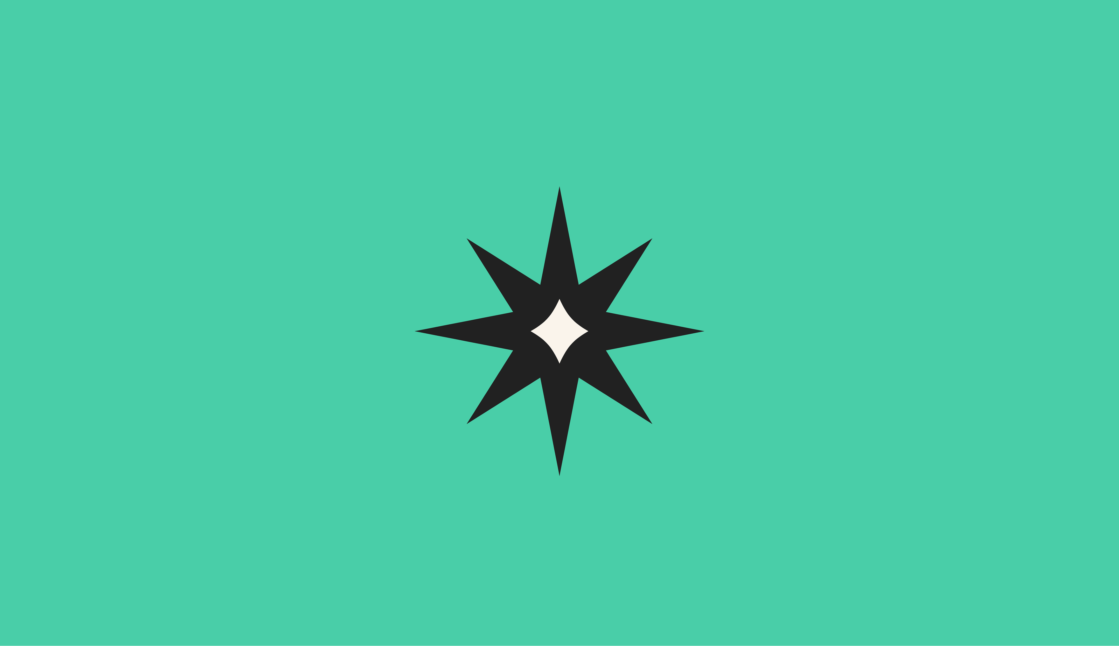A geometric eight-pointed star with a bold black outline and a white diamond-shaped core is set against a vibrant turquoise background.