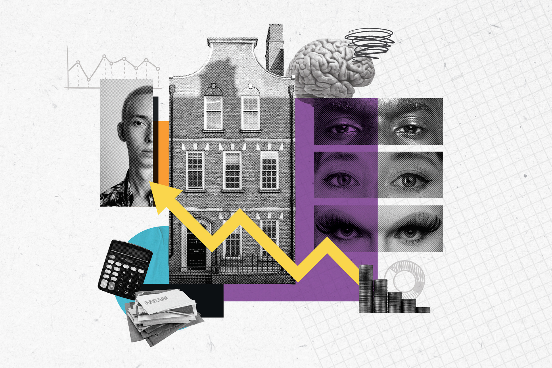 Digital collage combining housing imagery, financial symbols and LGBTQ+ visual references used throughout the report to represent lived experiences of poverty and exclusion.
