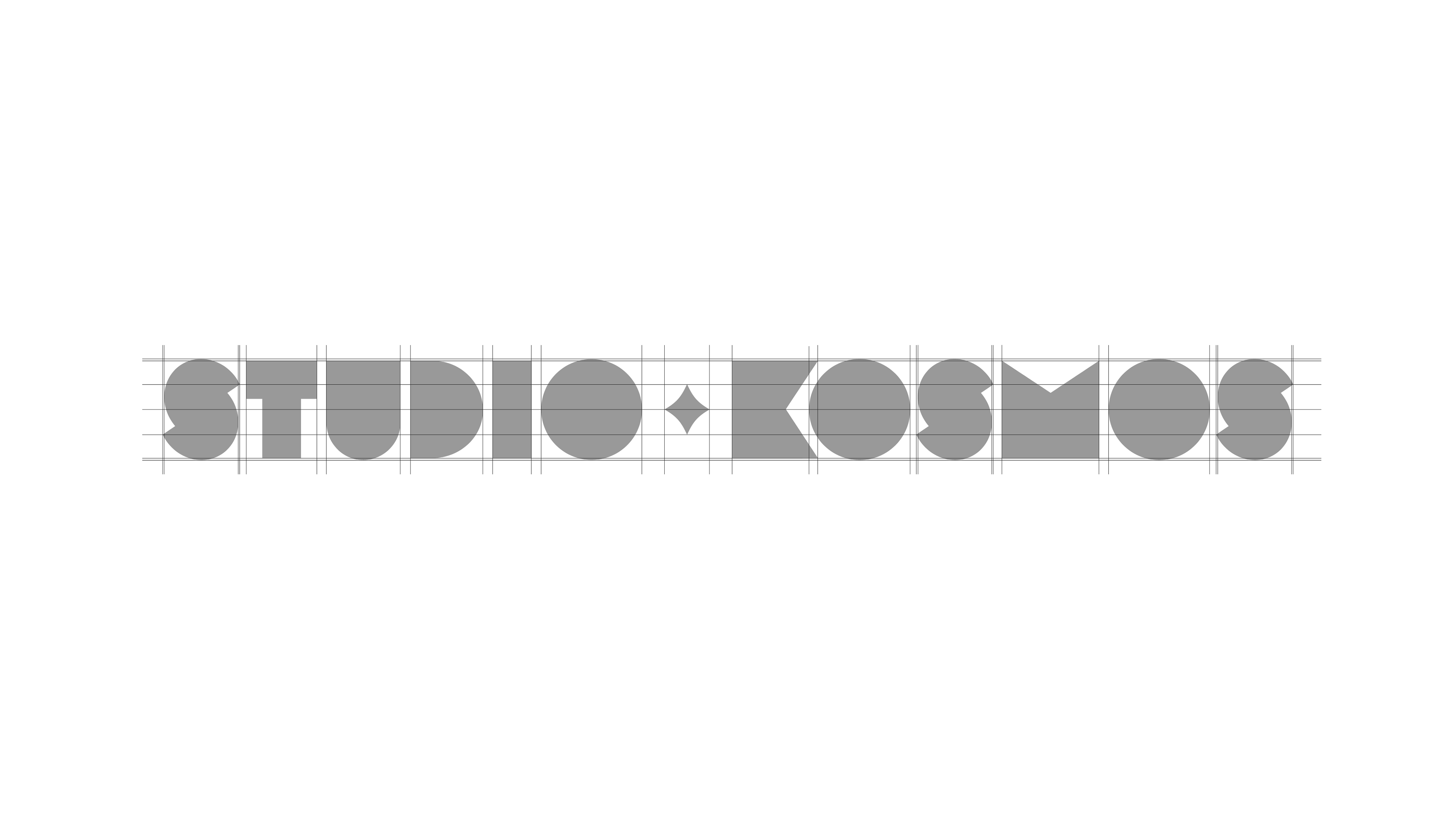 Geometric logo design for Studio Kosmos shown in grayscale with a grid overlay for alignment and proportion. The bold typography spells 'STUDIO KOSMOS' with a diamond-shaped star in the centre.