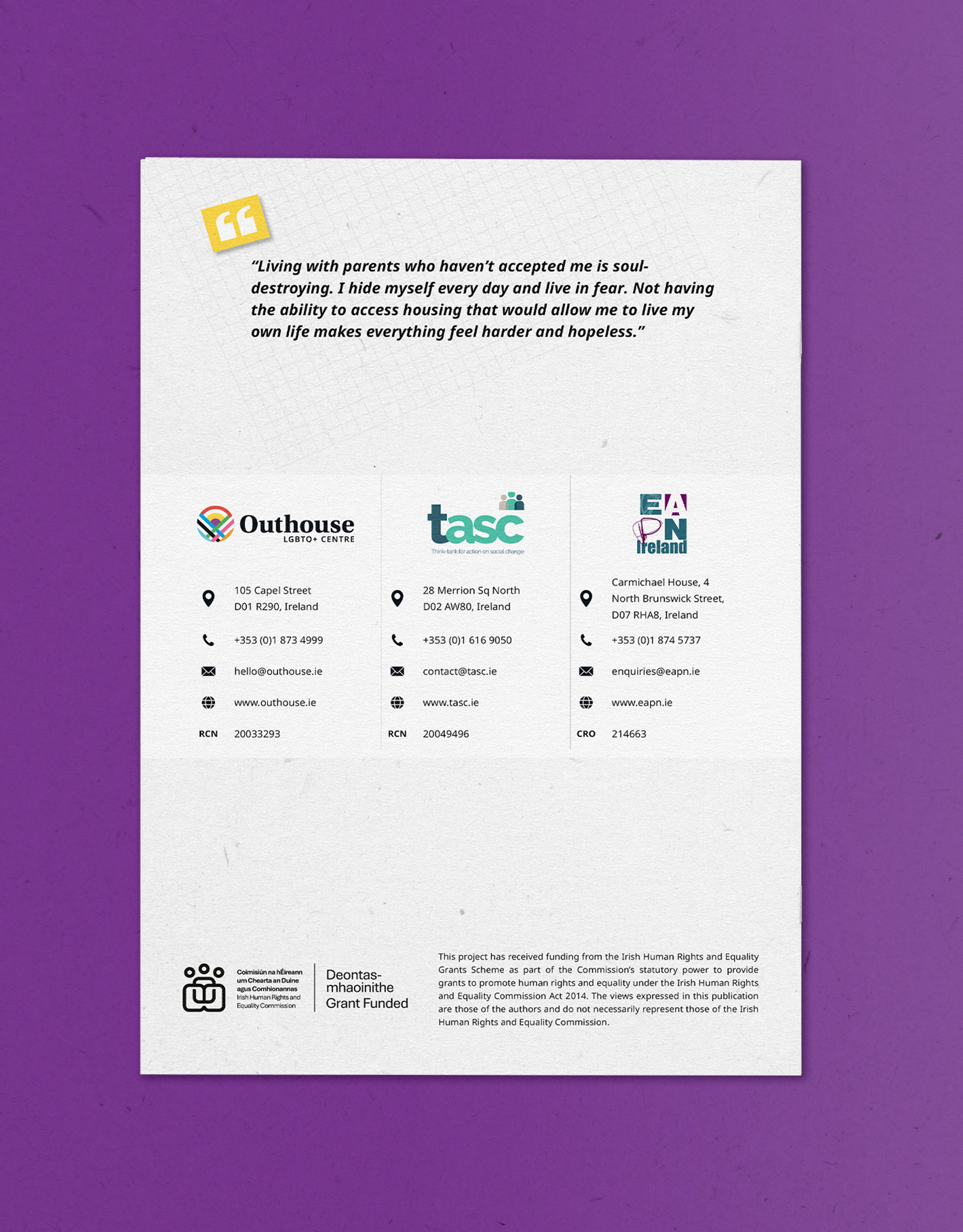 Back cover of the Pride and Poverty report displaying project acknowledgements and partner organisations, including Outhouse LGBTQ+ Centre, TASC and EAPN Ireland.