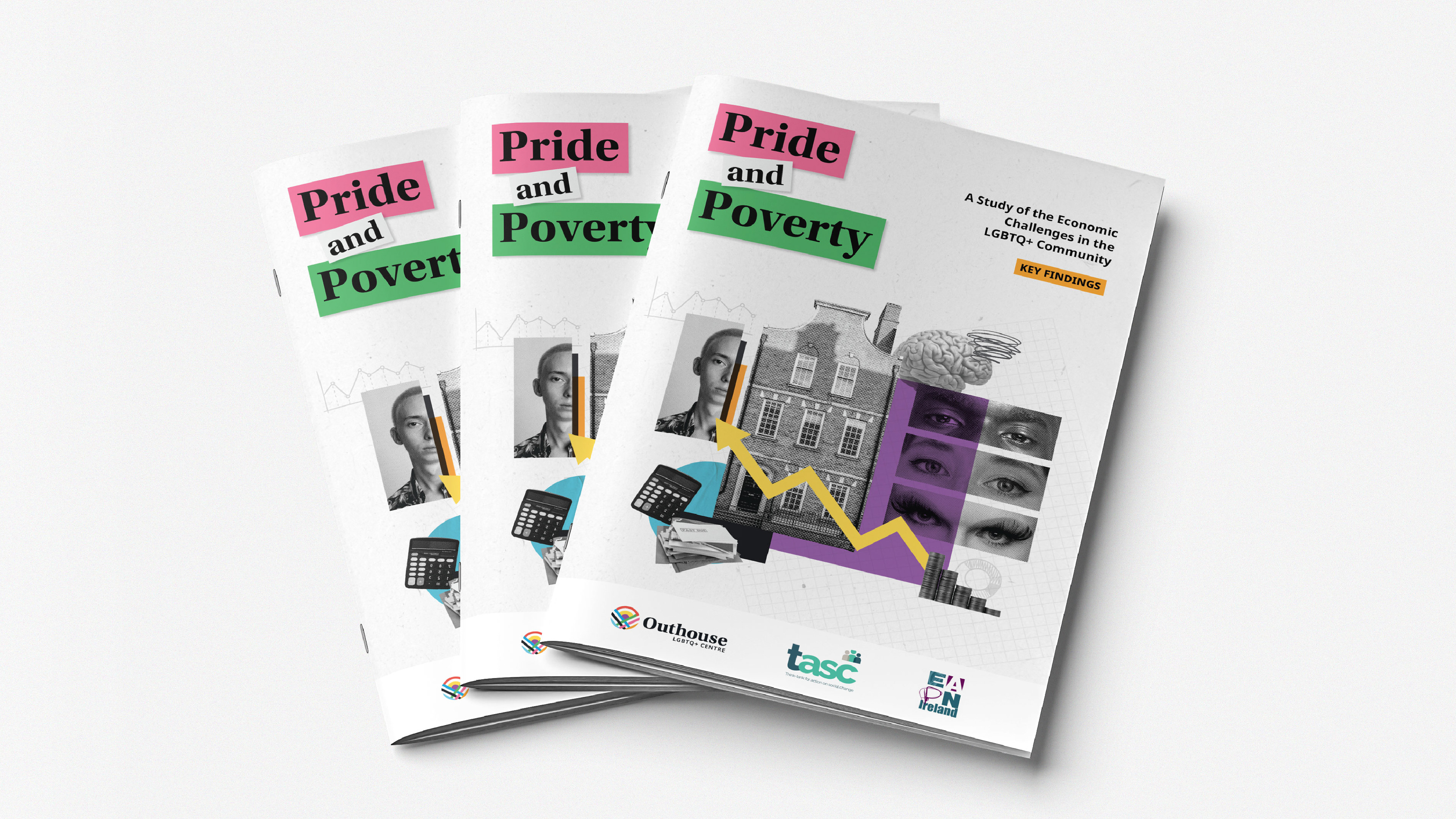 3 copies of the Pride and Poverty report featuring collage imagery exploring LGBTQ+ diversity, financial worries and housing insecurity in Ireland.