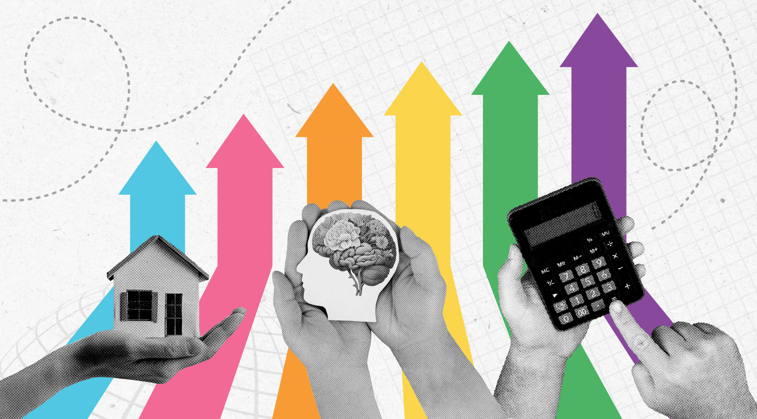 Black and white digital collage representing housing insecurity, mental health and financial hardship, illustrating the interconnected challenges explored throughout the Pride and Poverty report.