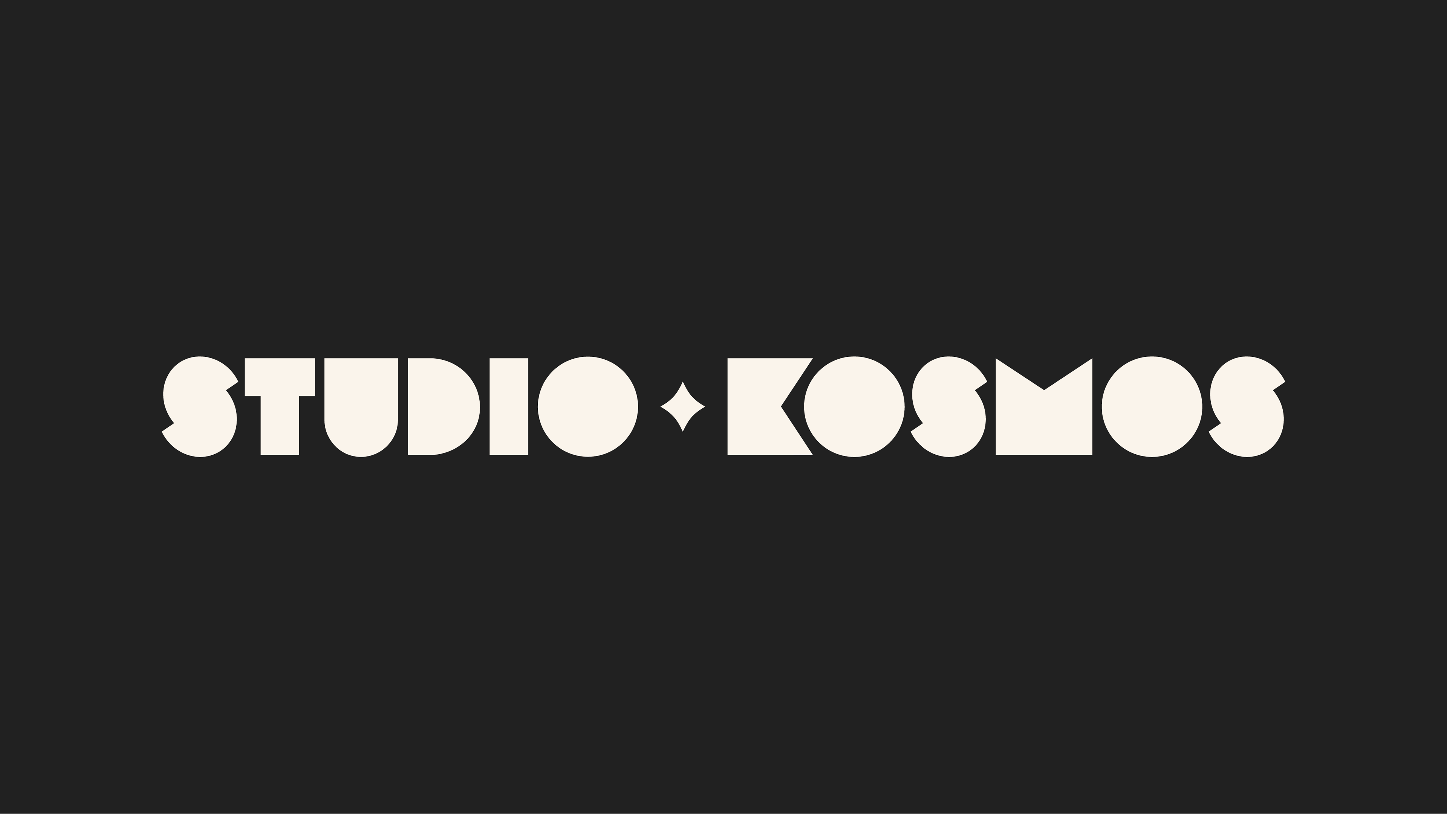 Logo design for Studio Kosmos, featuring bold, geometric typography in cream-coloured letters reading 'STUDIO KOSMOS' with a star-shaped icon in the centre, set against a black background to emphasise modern and minimalist branding.