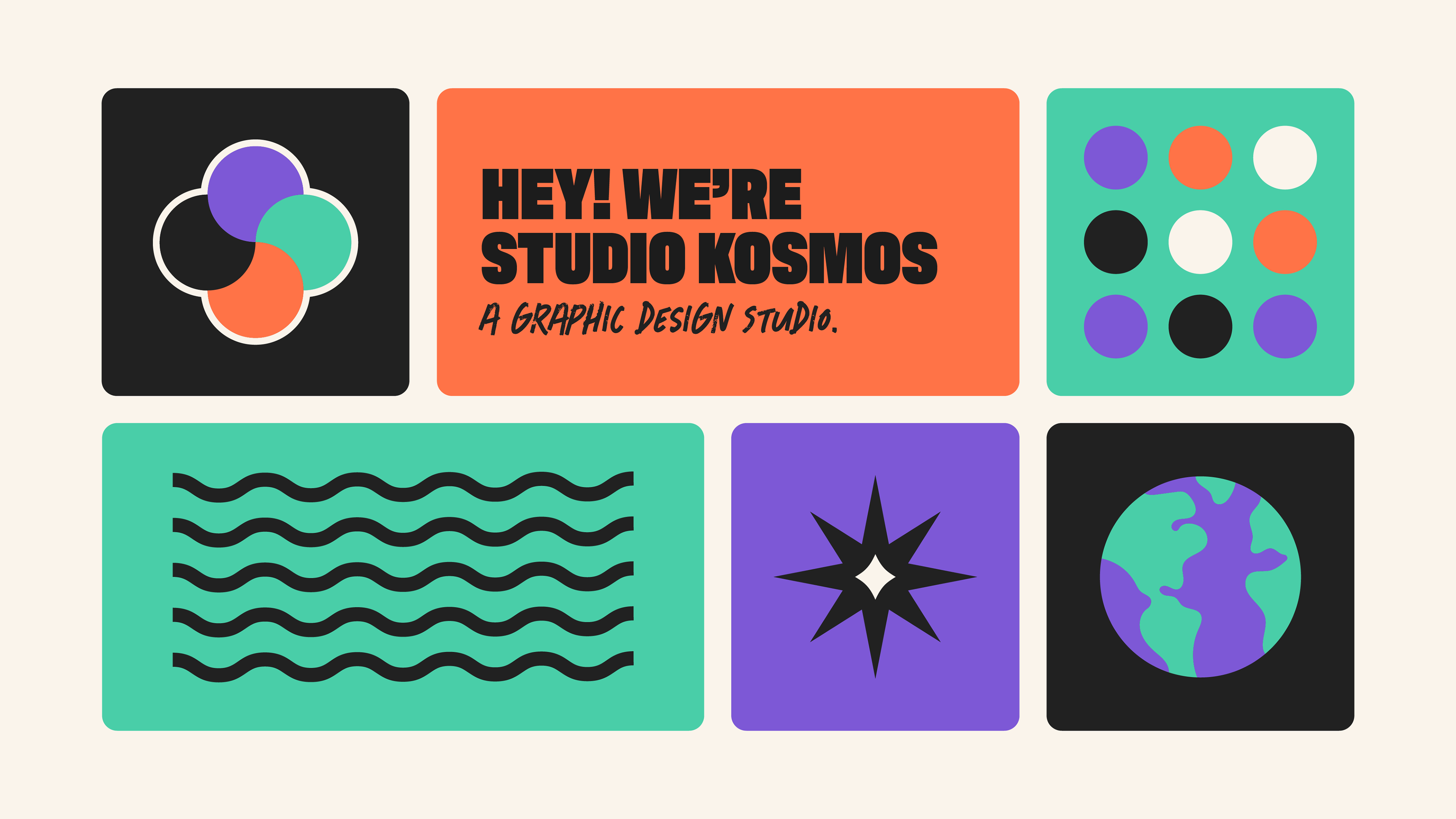 A grid-style visual featuring six design elements representing Studio Kosmos' brand identity. Top row: a circular logo with overlapping purple, orange, and turquoise sections on a black background; bold orange text reading 'HEY! WE'RE STUDIO KOSMOS, A GRAPHIC DESIGN STUDIO'; a grid of colourful dots in turquoise, orange, purple, black, and cream. Bottom row: wavy black lines on a turquoise background; a black starburst symbol on a purple background; and an abstract globe design in turquoise and purple on a black background.