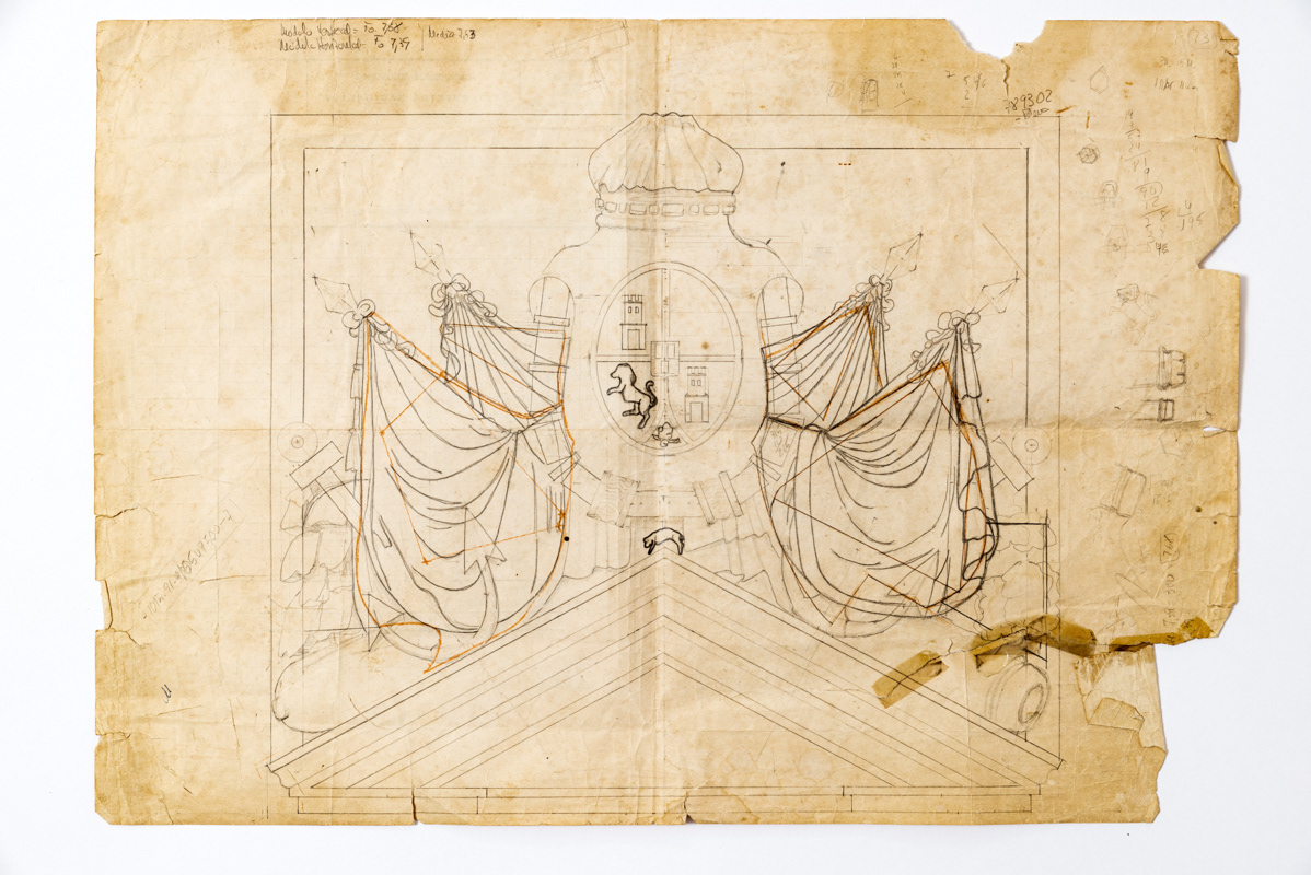 Dibujo del alzado. Escudo de armas de Carlos III del Palacio de la Aduana