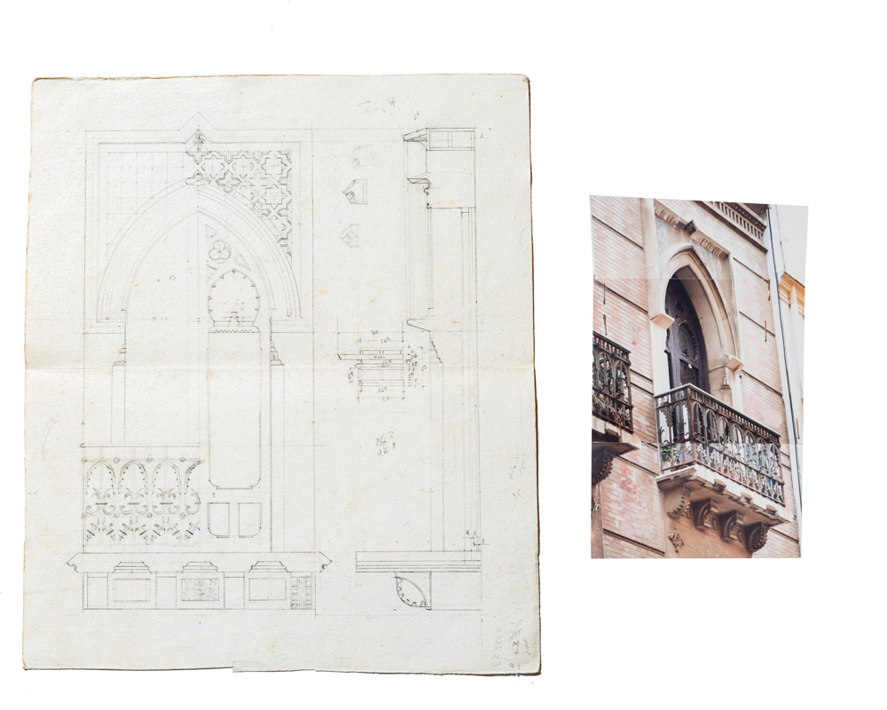 Izda. Dibujo del alzado y perfil Dcha. Collage fotográfico Balcón del hospital Santo Tomás