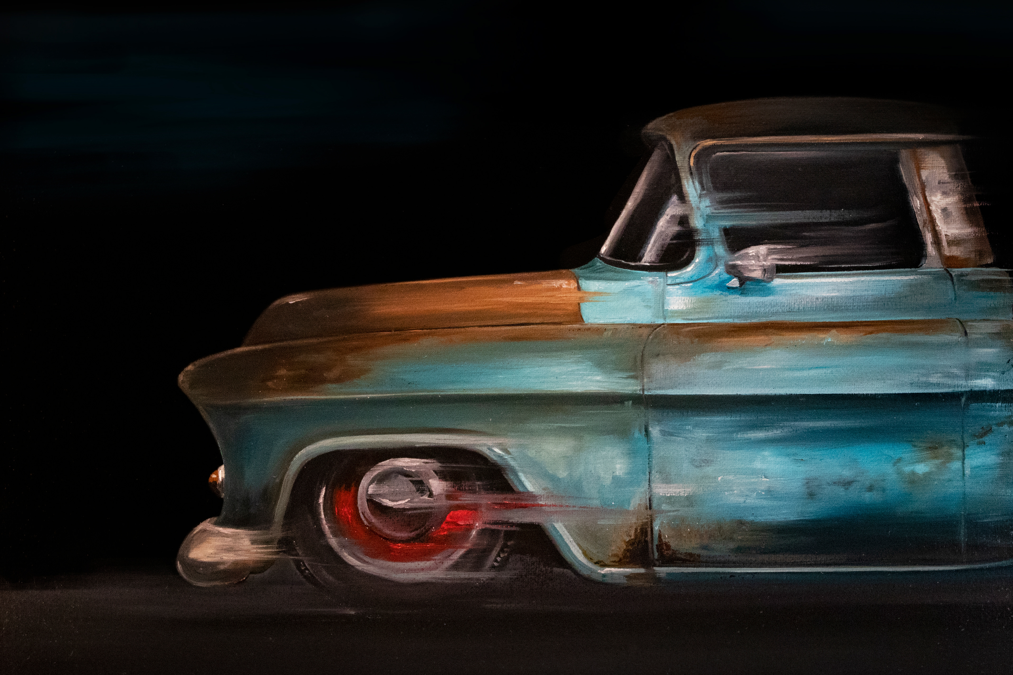 Blurred Motion Series 1: 1957 Chevrolet Task Force pickup , oil on panel, 2021.