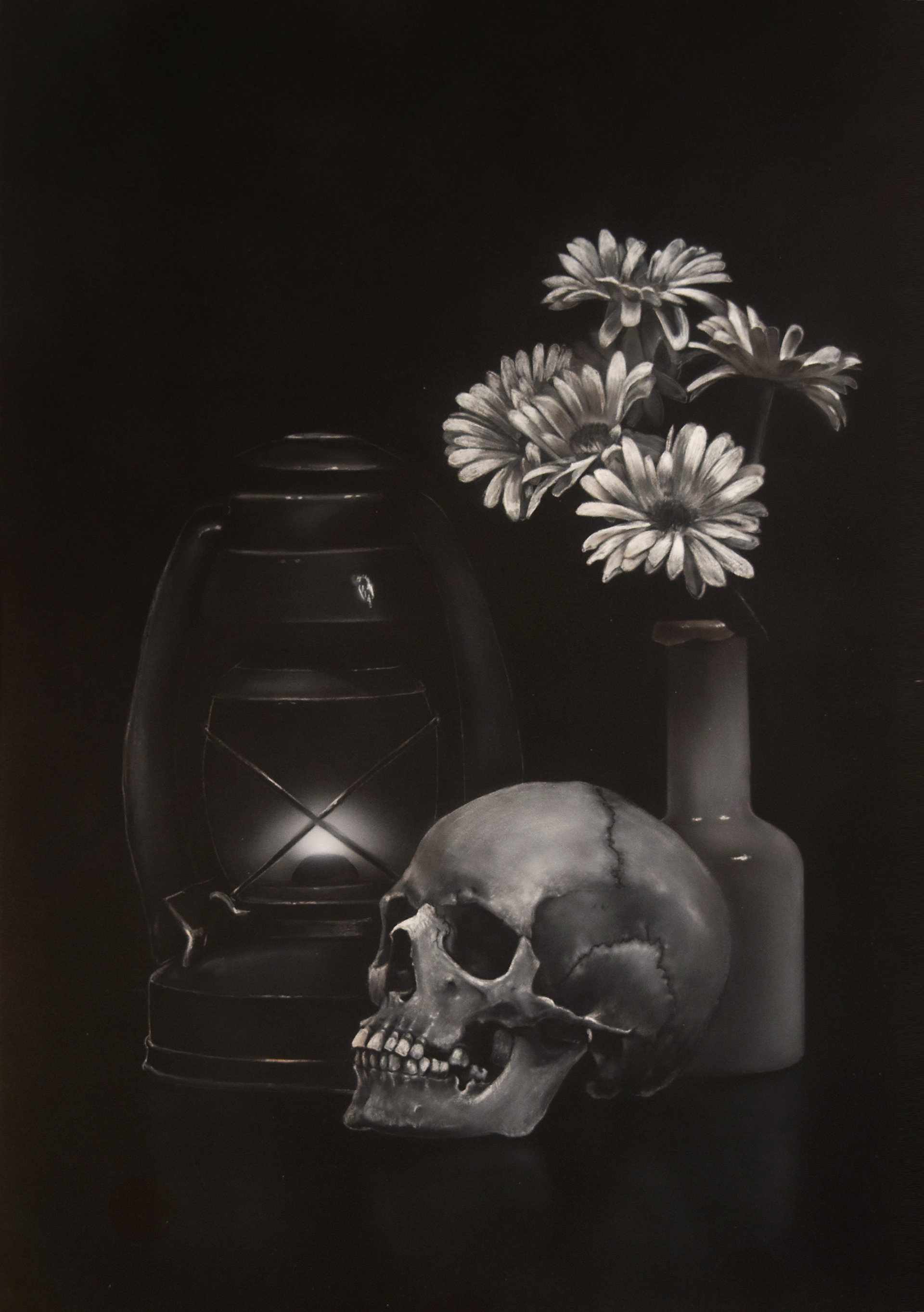 Vanities Still life, Airbrush acrylic in on blac masonite panel, 12"x18"