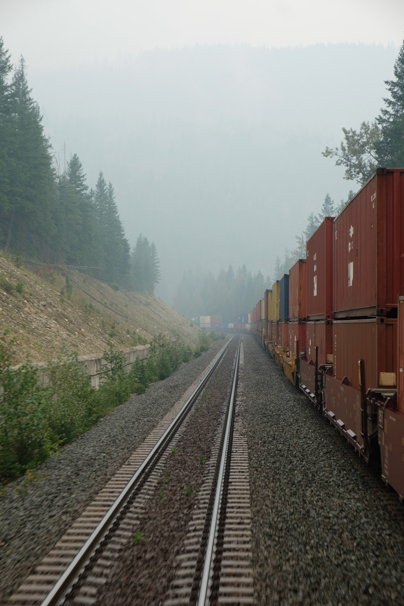 Passing a train with double-decker containers