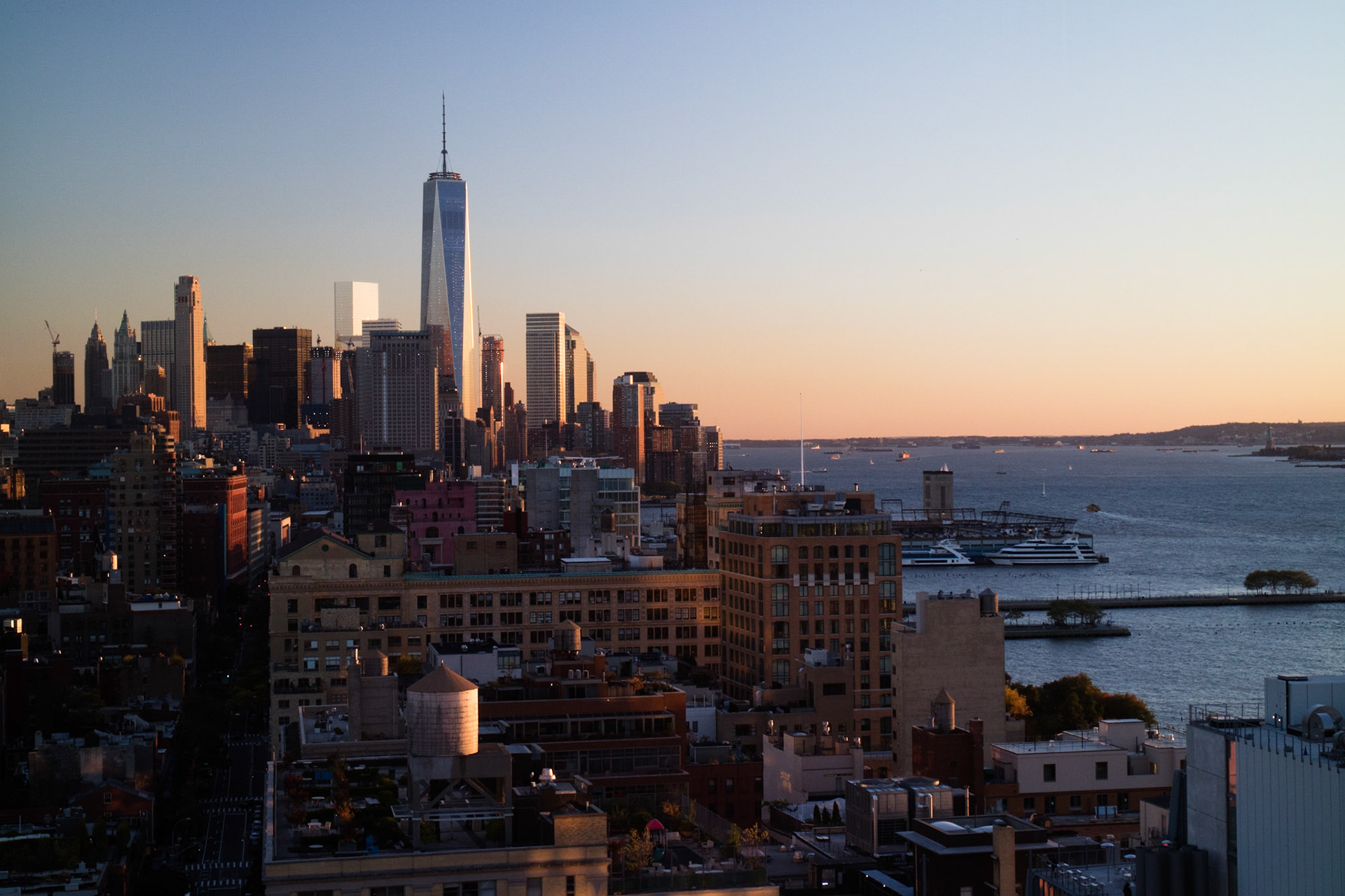 One WTC and Lower Manhattan at sunset, from The Standard
