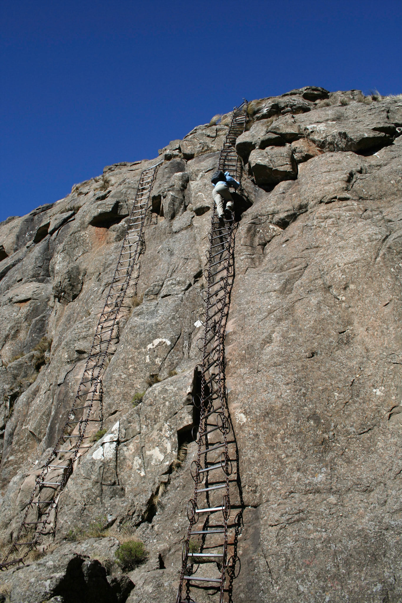 Sue climbing a chain ladder