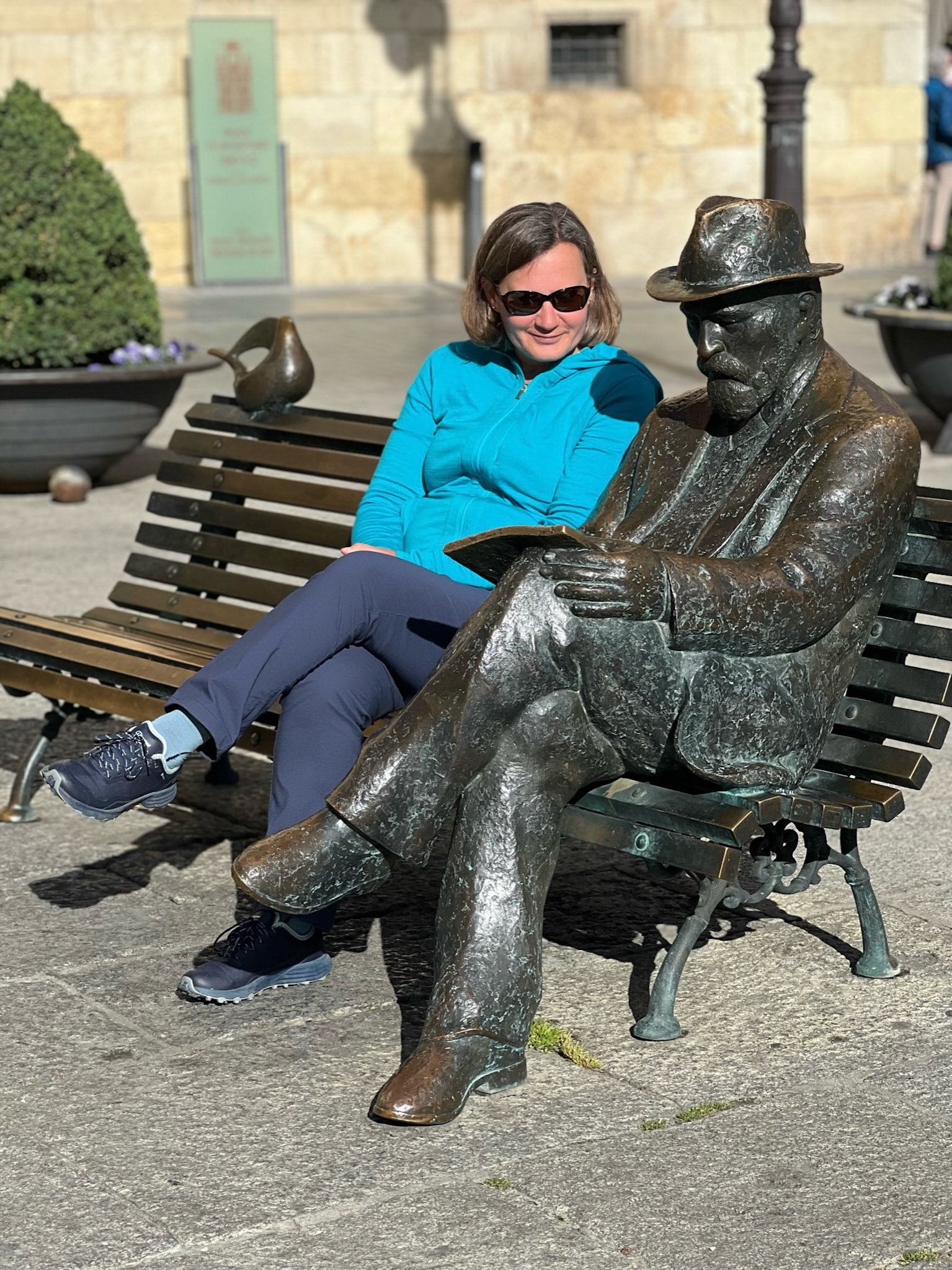 Sue with statue of Gaudi