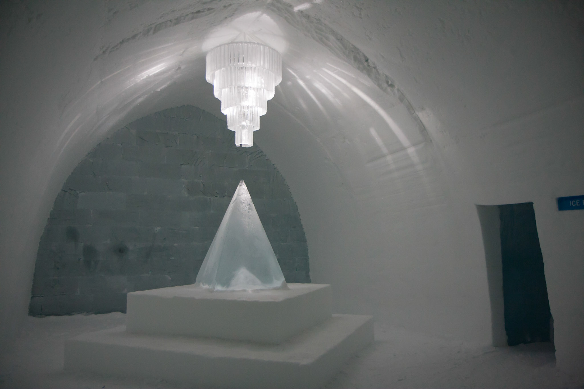 Main hall of the ICEHOTEL at night