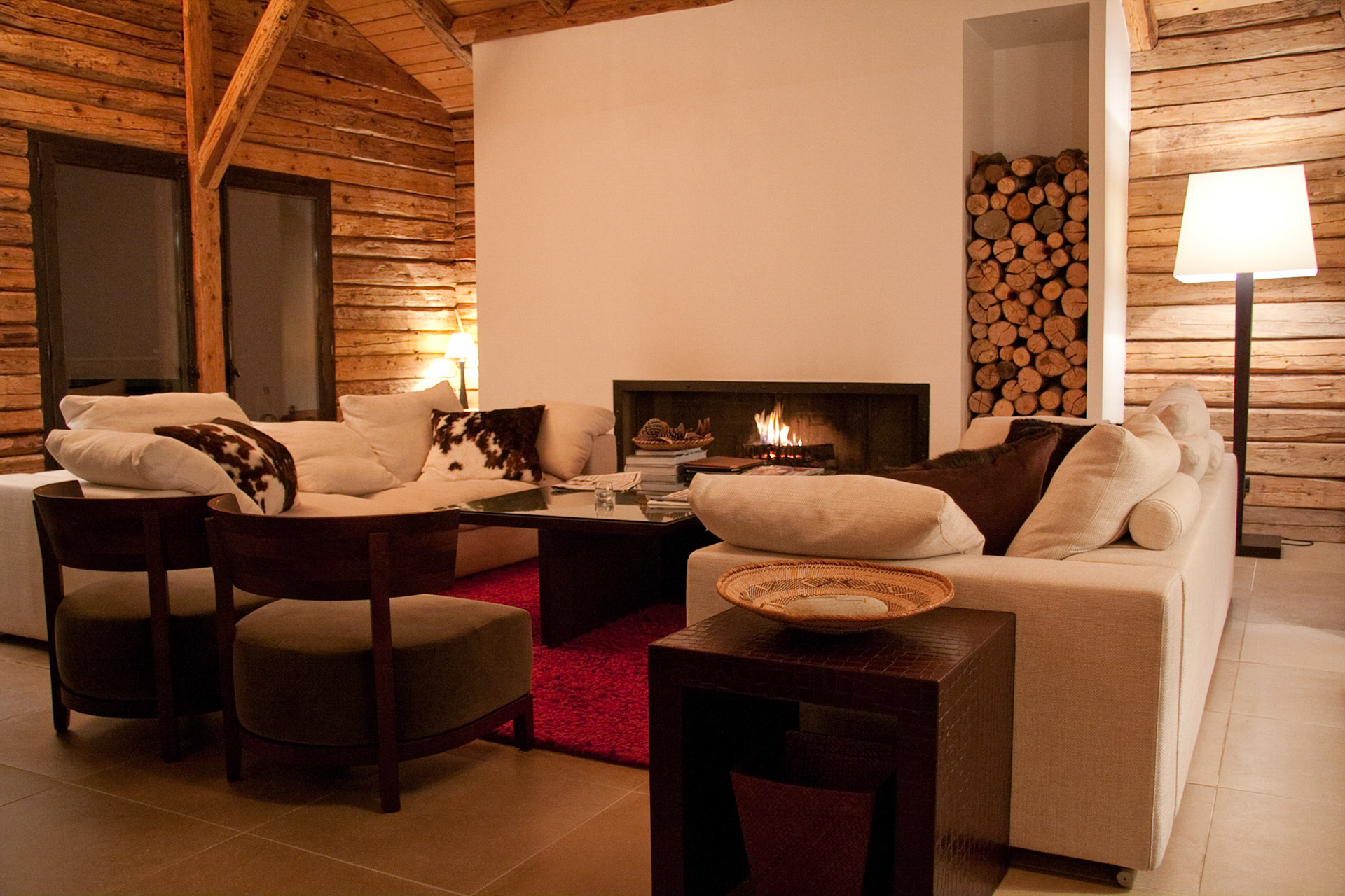 Chalet living area at night