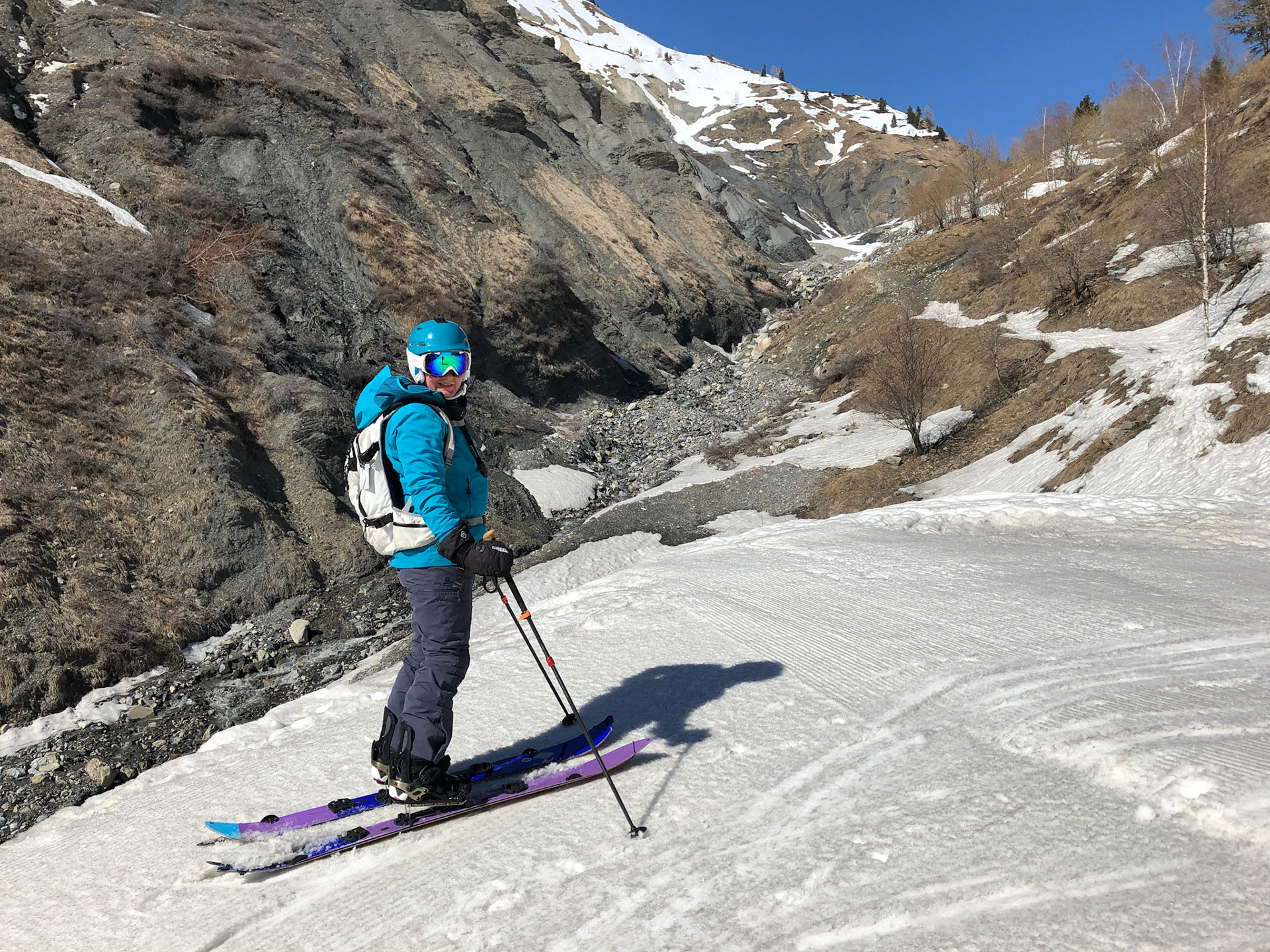 Sue skinning up a track