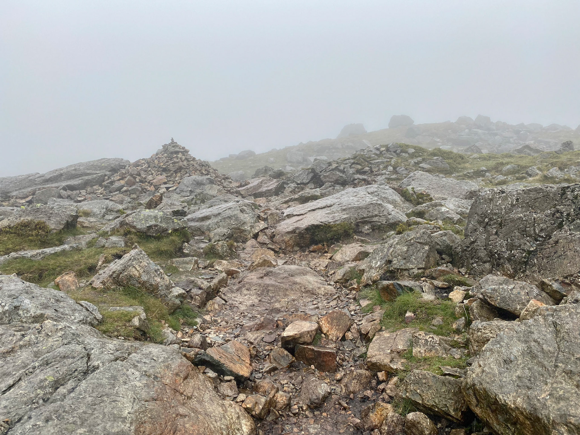 Nearing the top of Scafell Pike - cairns to mark the route