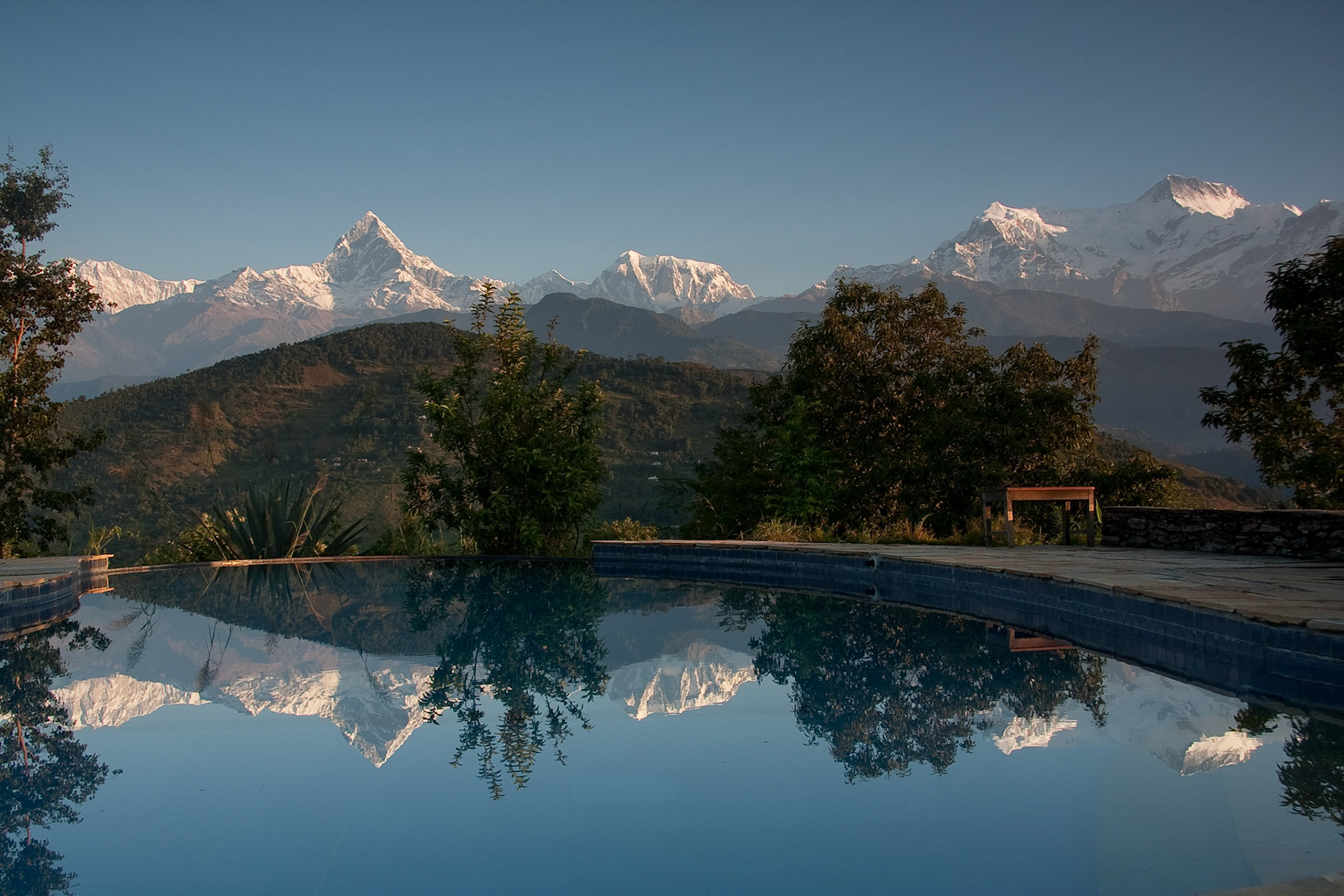 Sunrise from Tiger Mtn Lodge (Fish Tail, Annapurna III, IV and II)