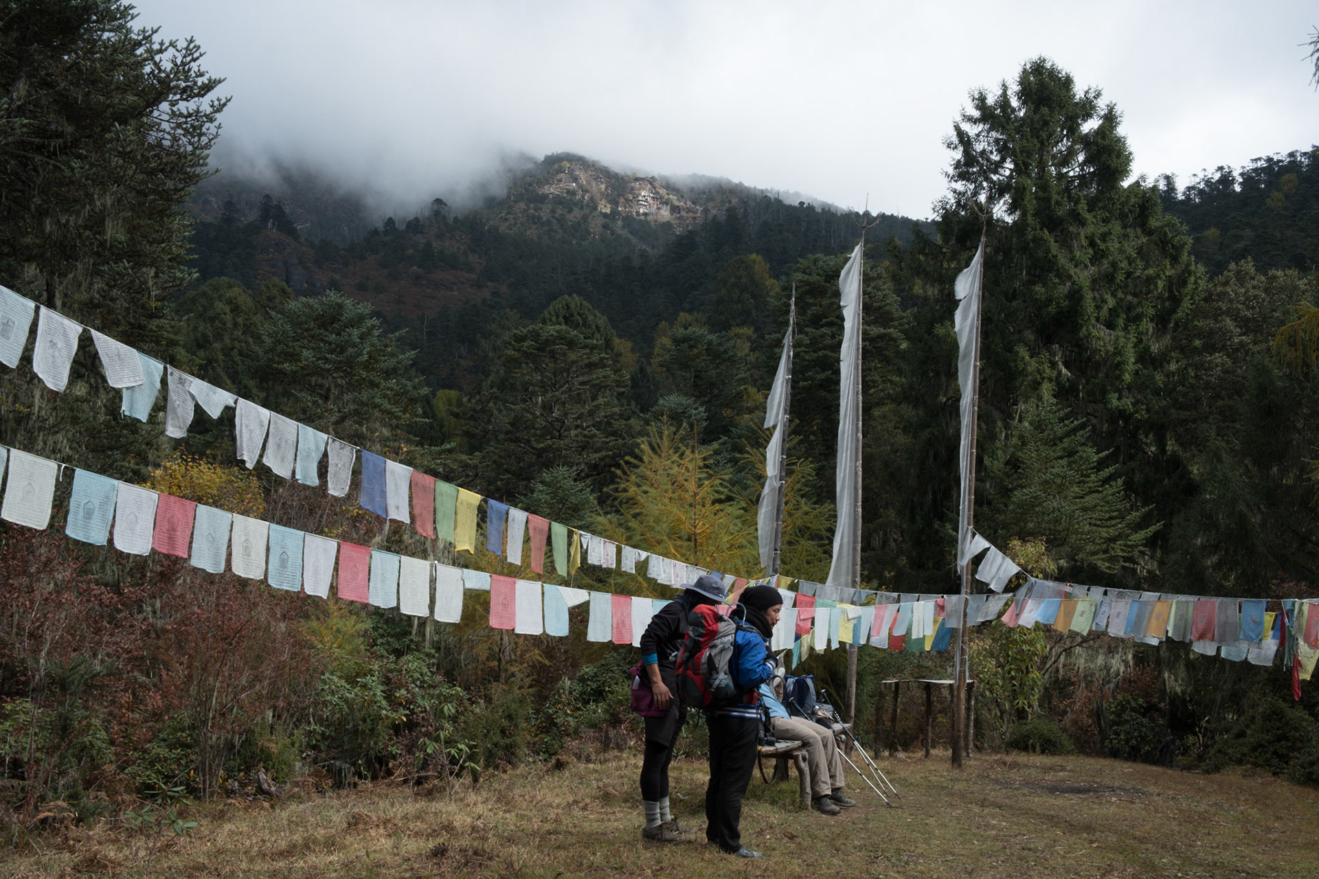 Prayer flags in a clearing with Bumdra Lhakhang high on the hill in the distance