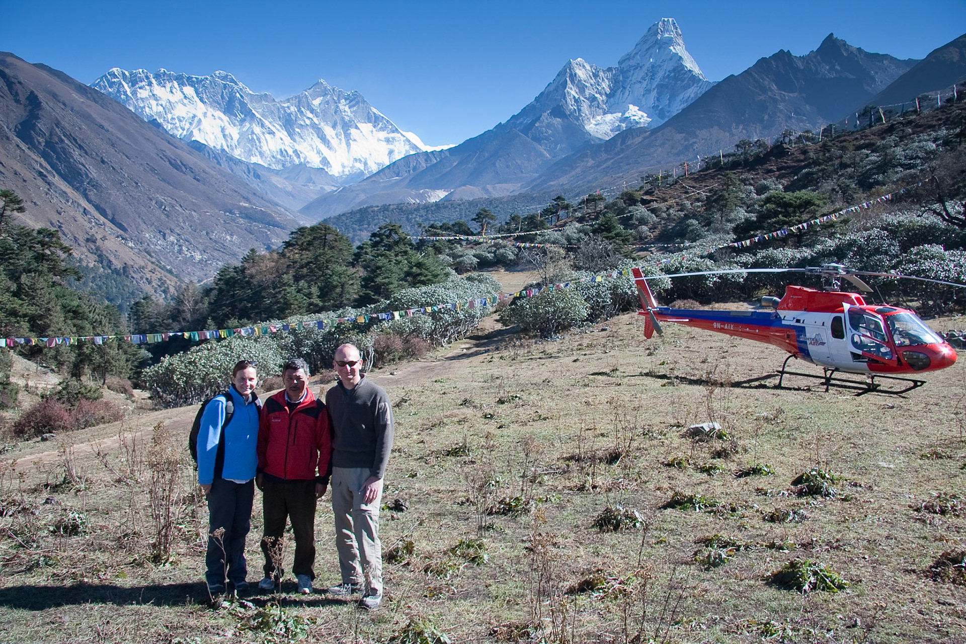 Us with Shambu Tamang, Everest summiteer, at Thangboche