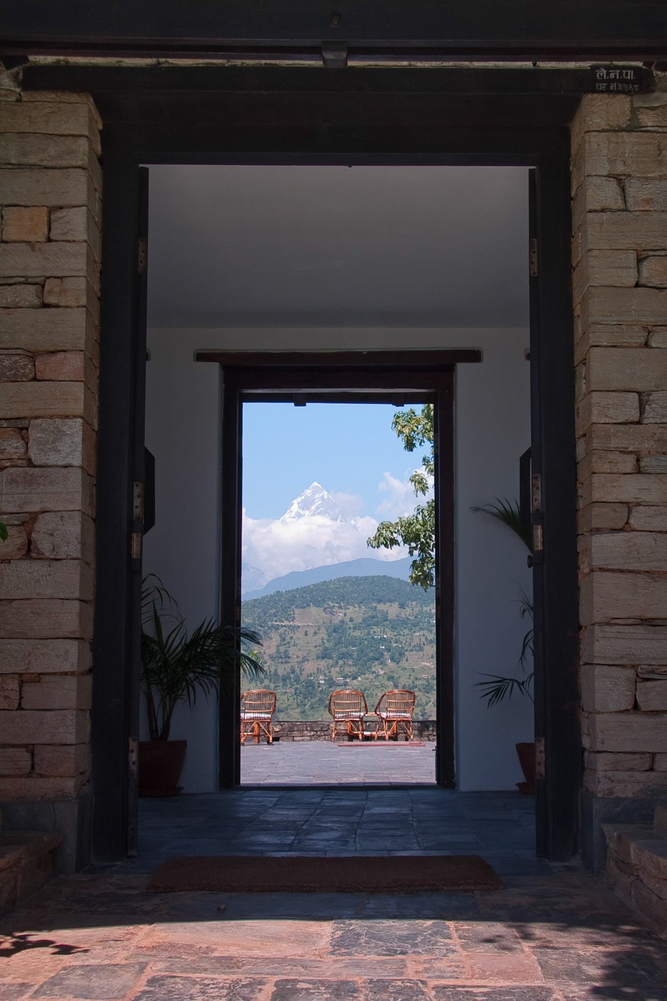View of Fish Tail through entrance to Tiger Mtn Lodge, Pokhara