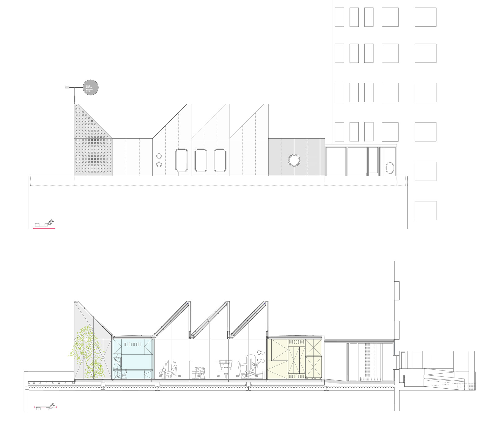main elevation and section