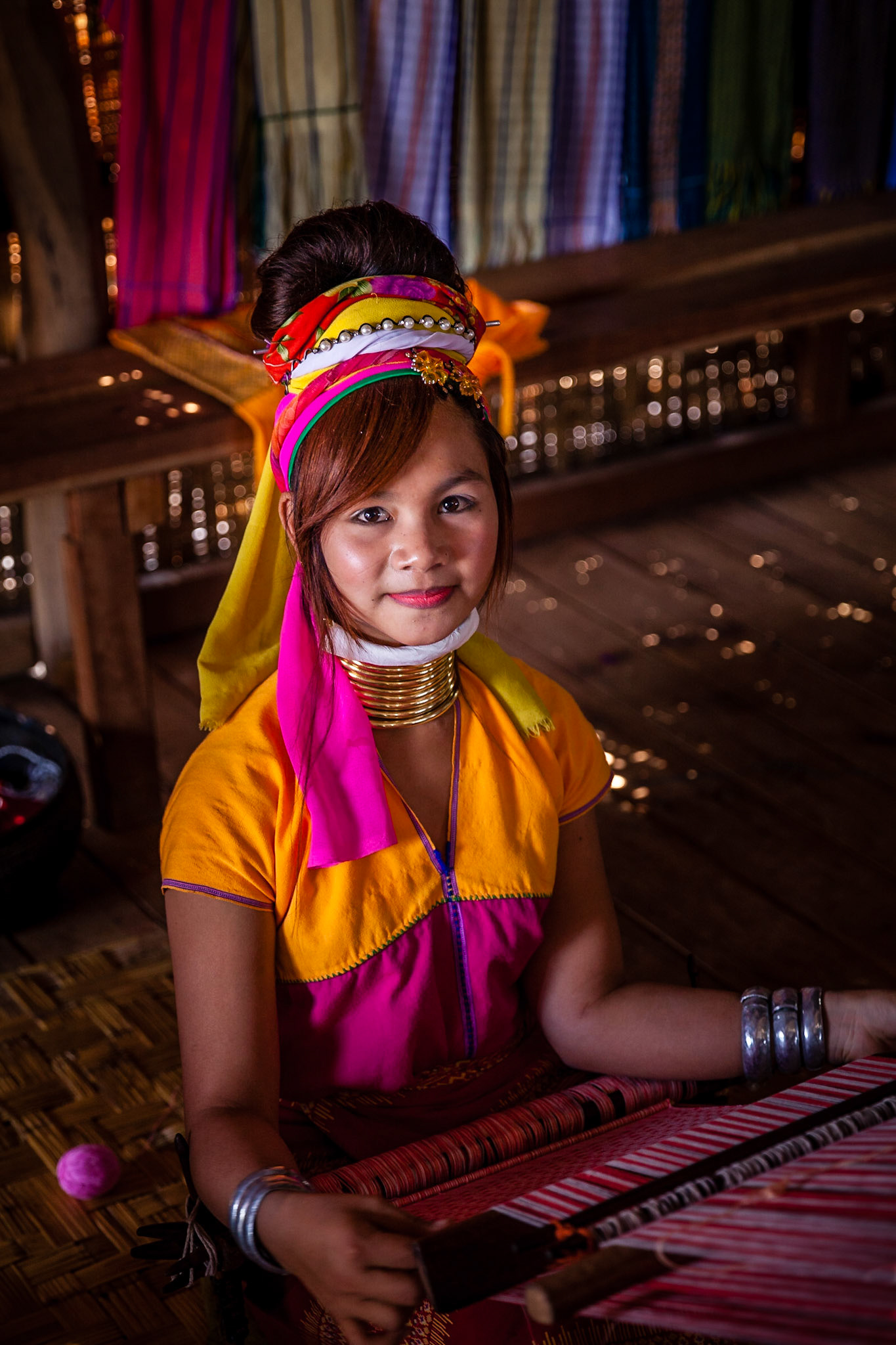 Kayan woman wearing traditional brass neck rings