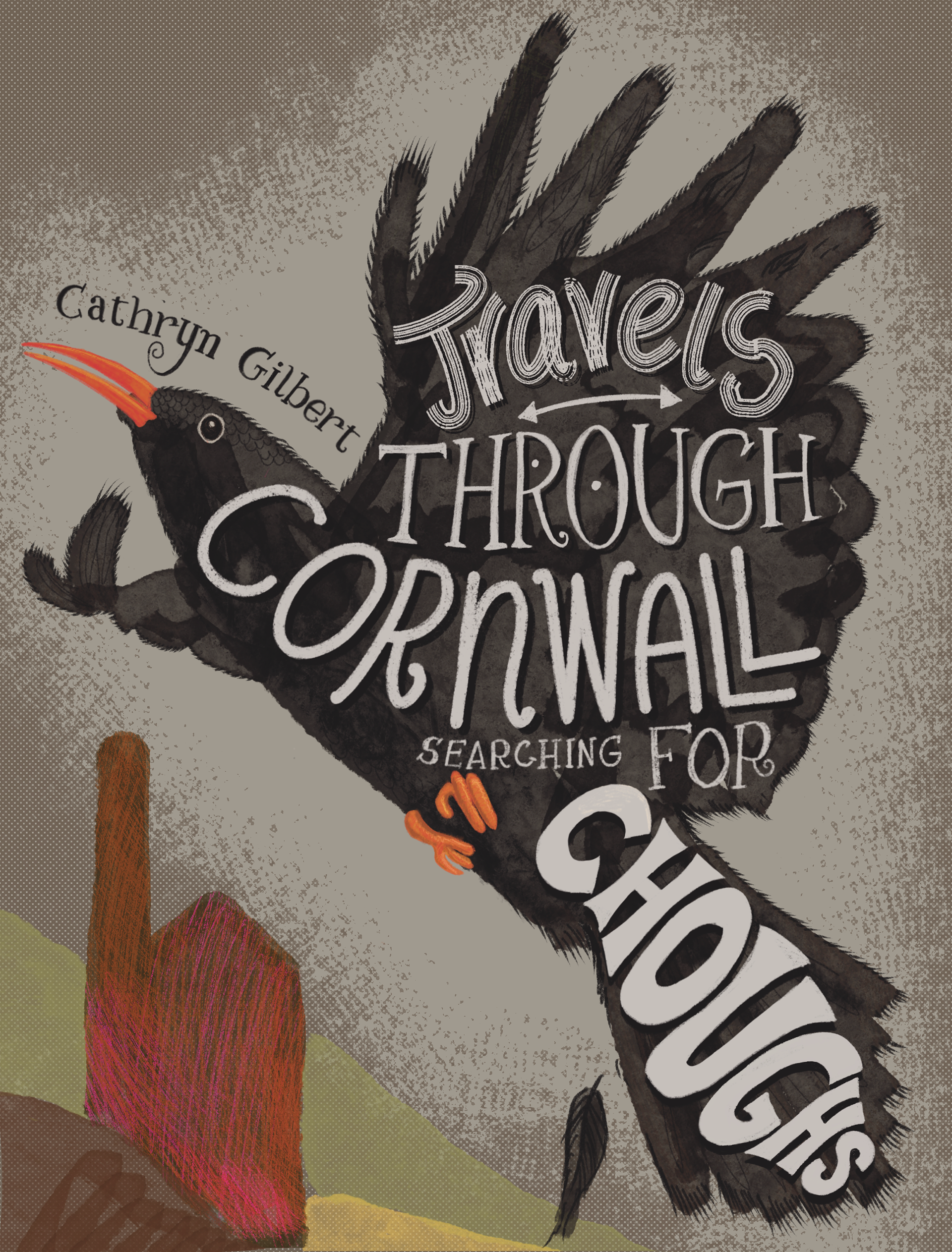 Moody cover mock up with hand lettering a chough in Cornwall