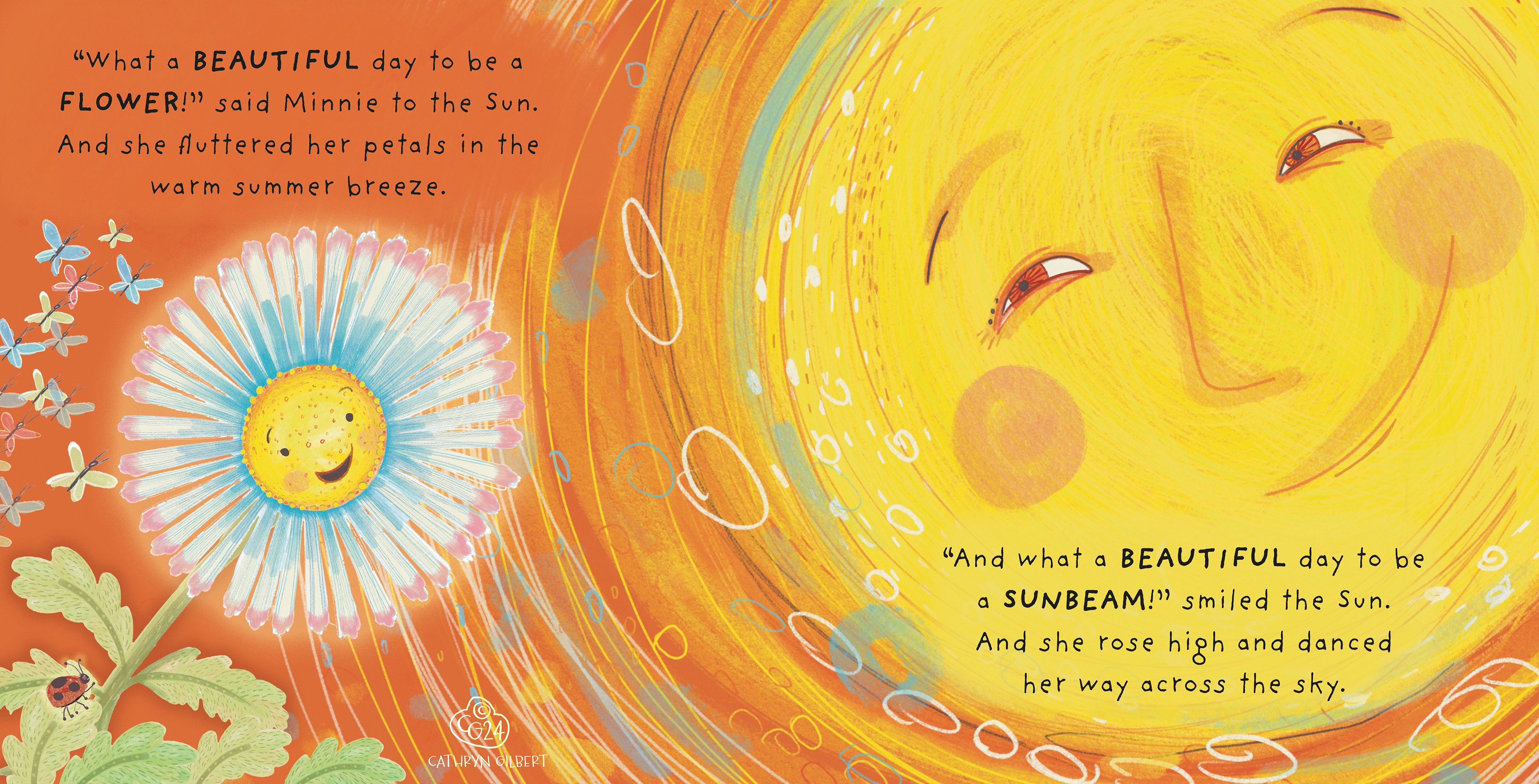 A Beautiful mock-up of picture book layout depicting a sun smiling down on a flower