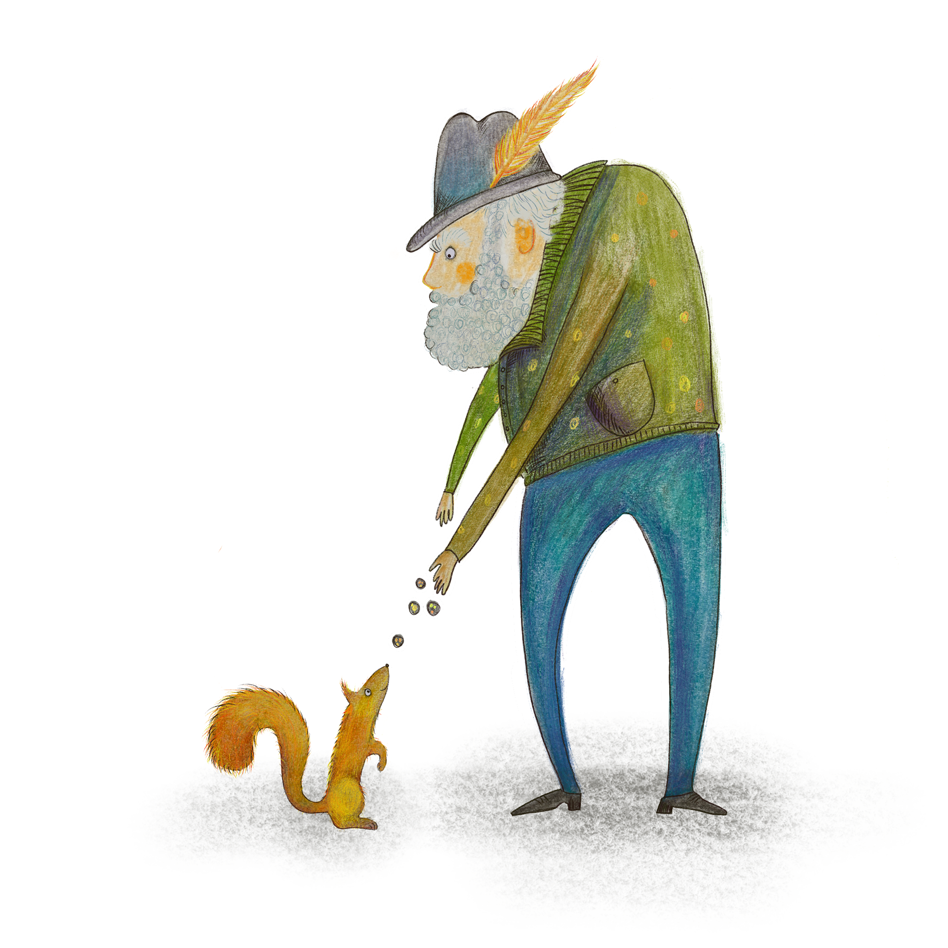 Cute old Man Feeding Squirrel, hand-drawn and digitalised illustration