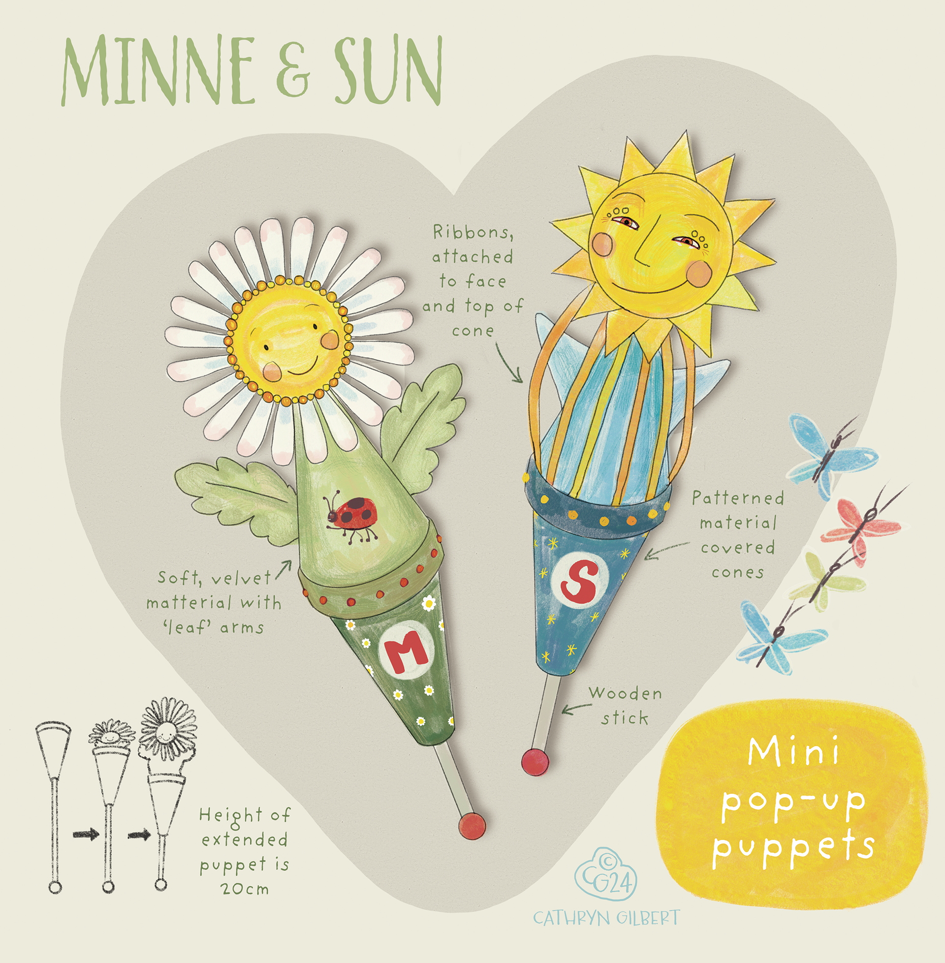 Illustration of Minnie the flower and the Sun pop-up puppets