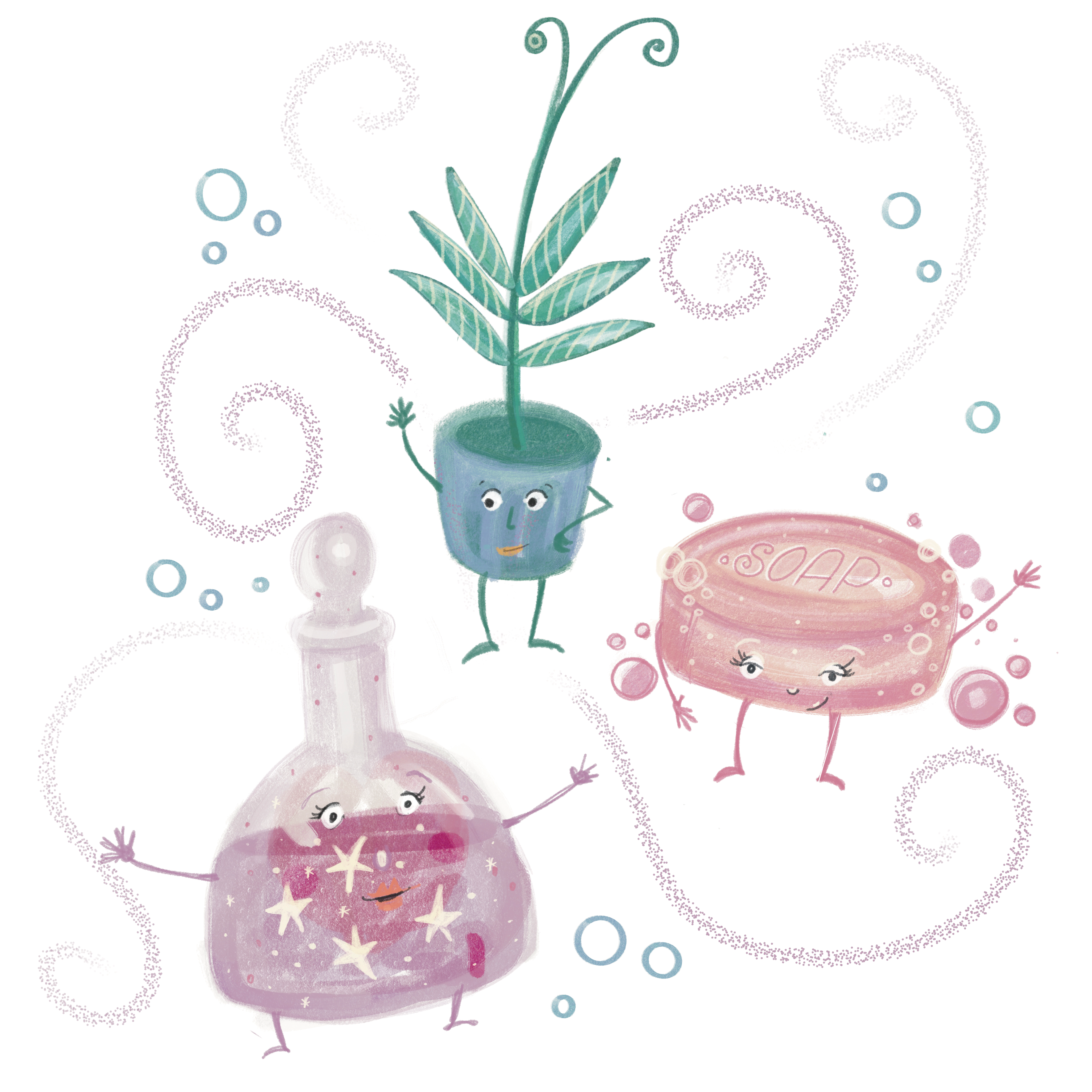 Fun illustration of bathtime characters, bubbles and soap.