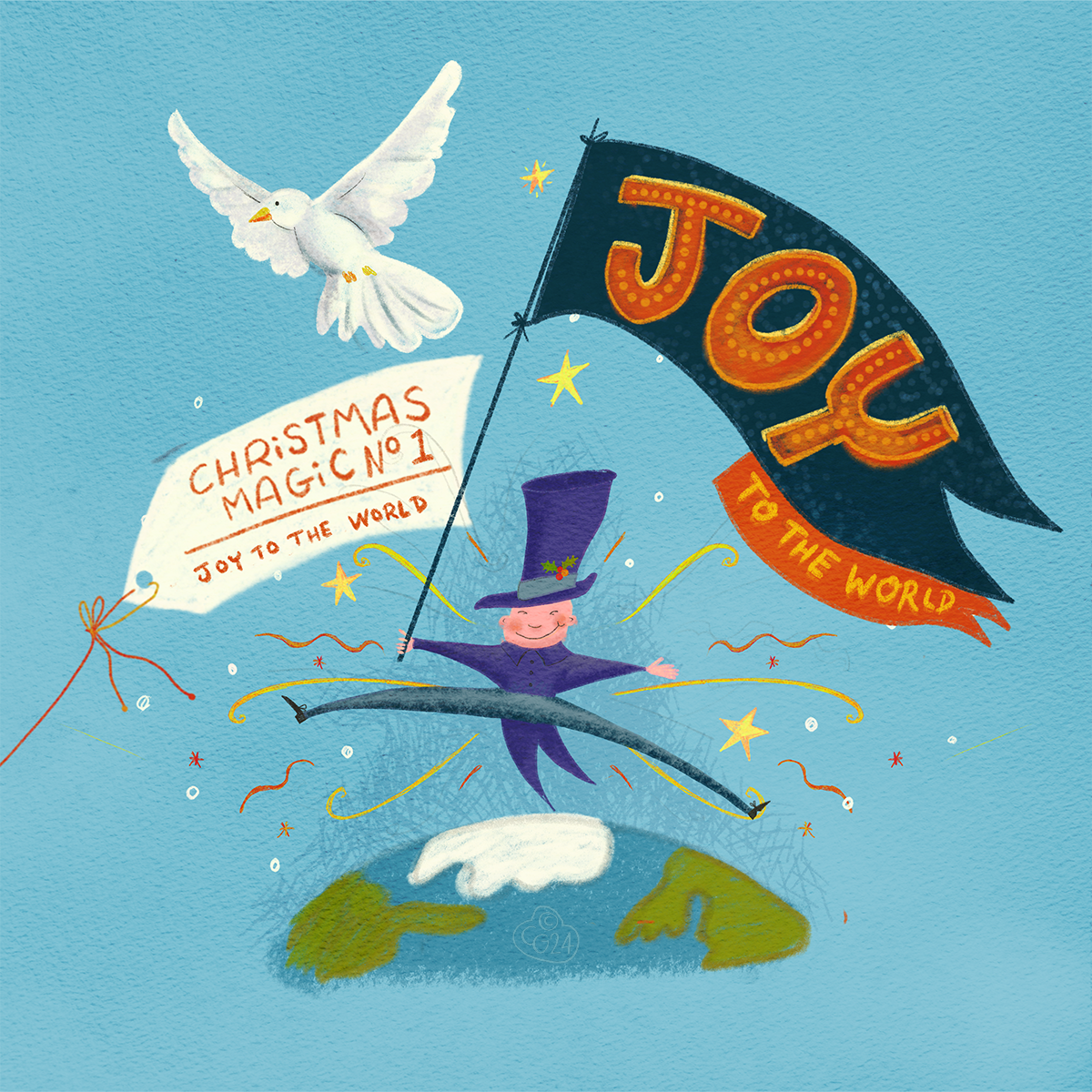 Joy to the World Christmas Illustration of a leaping lord and a dove above the Earth