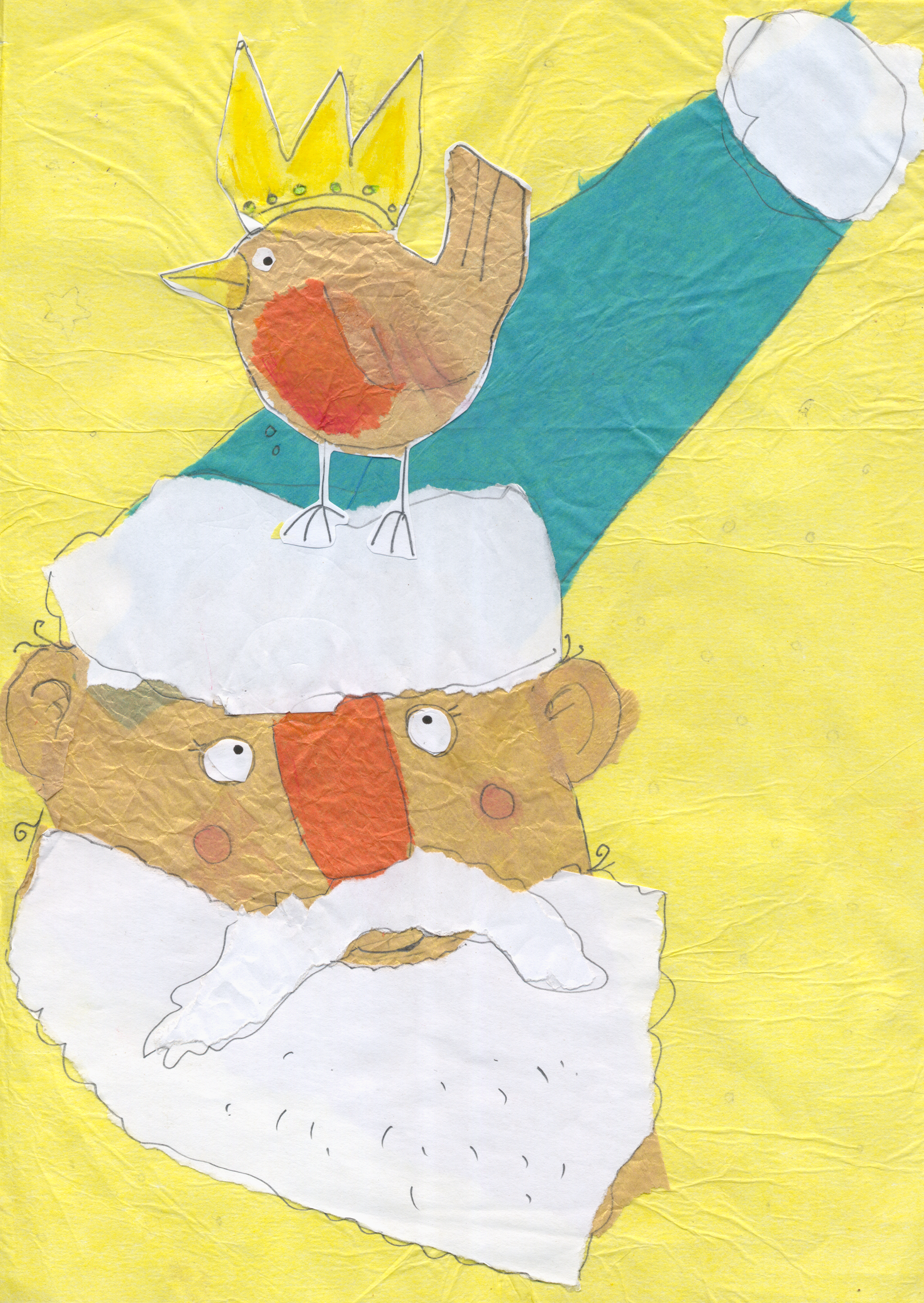 Tissue paper collage illustraion of Santa with a robin on his hat
