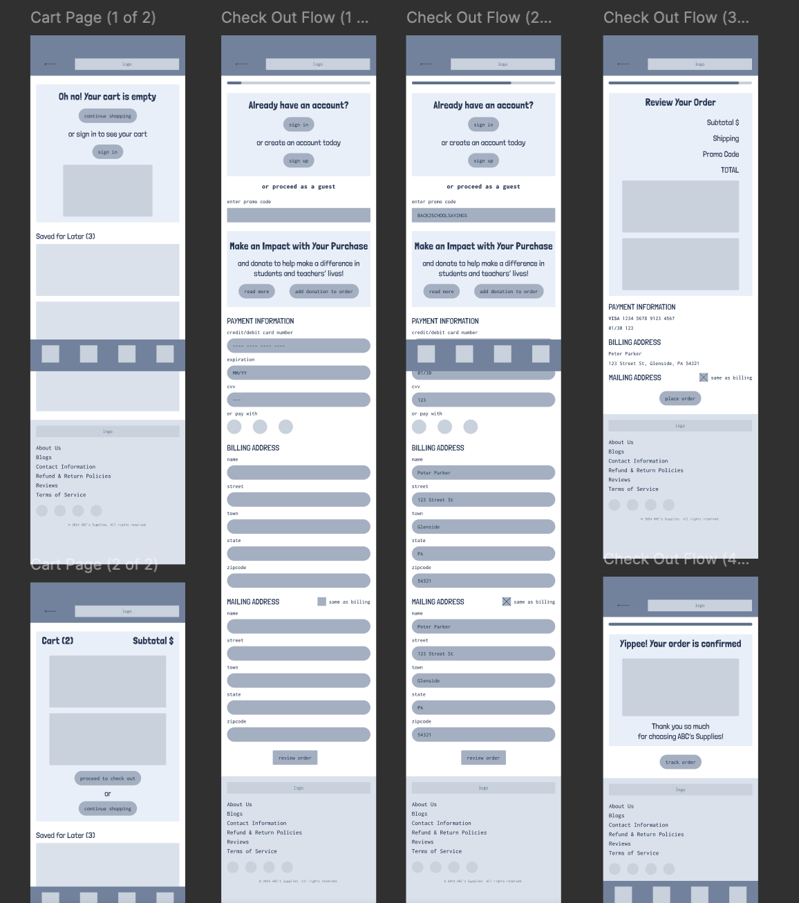 Cart & Check-Out Flow Wireframes