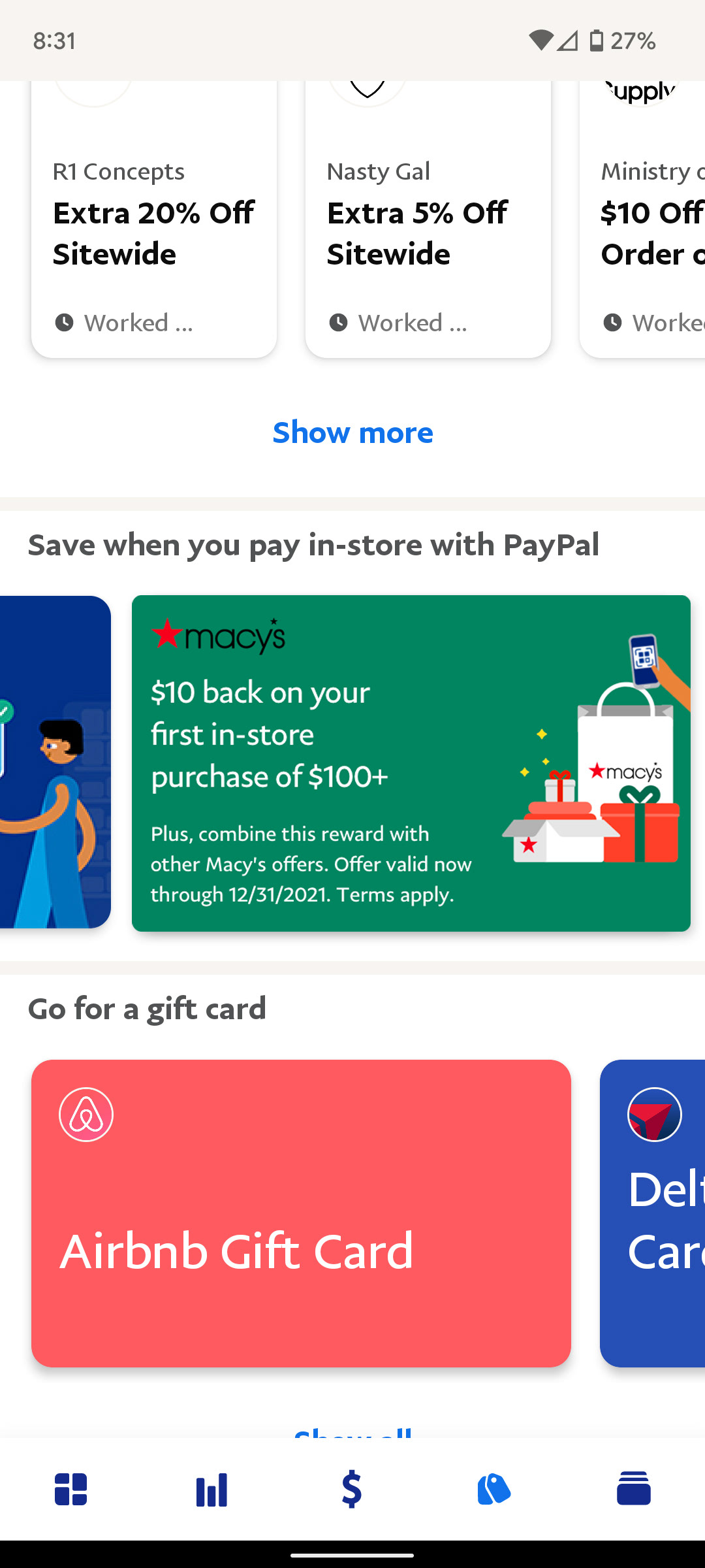 Macy's deals tile on the PayPal app