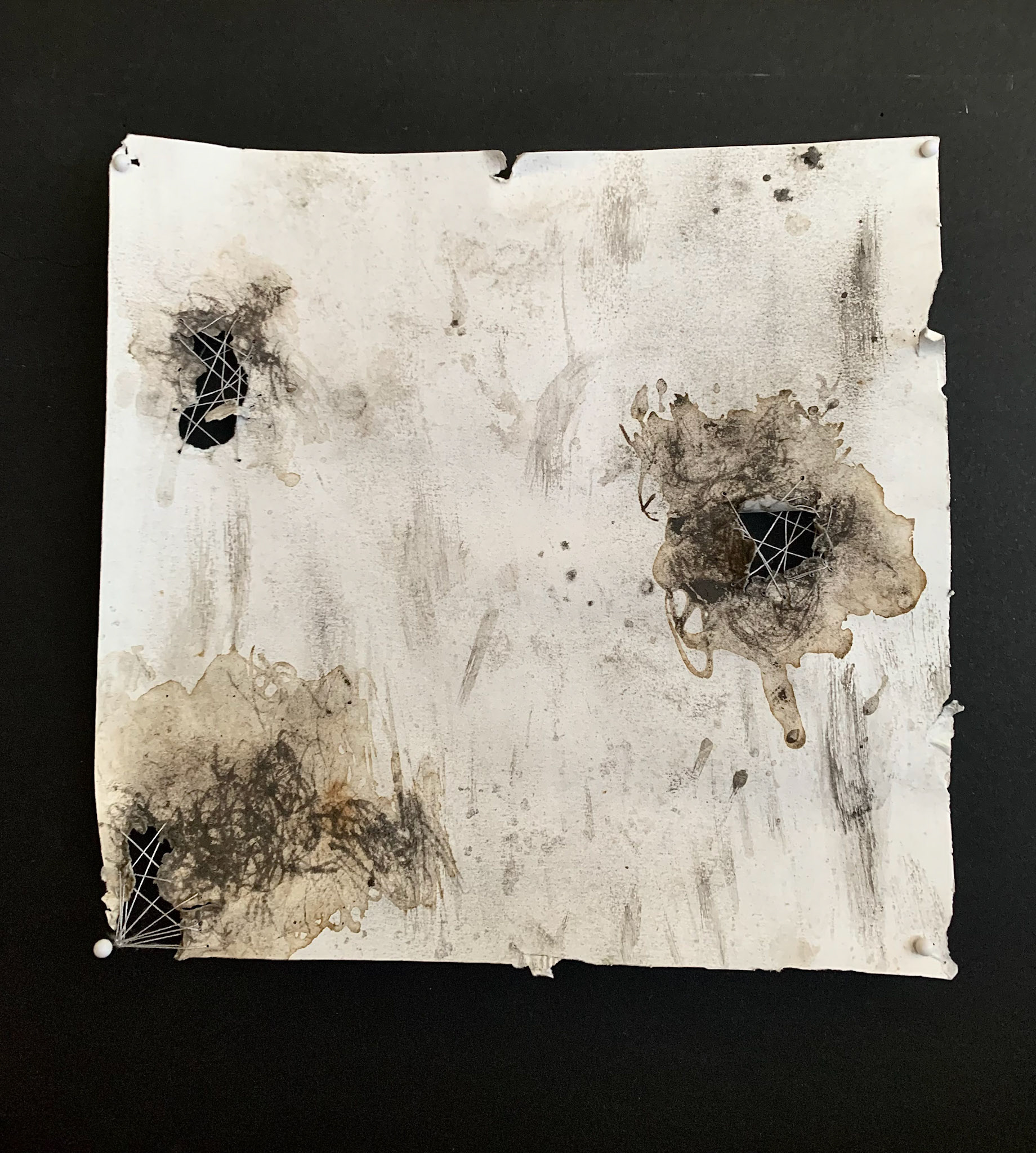 Incense ash, paper, and thread mounted on board