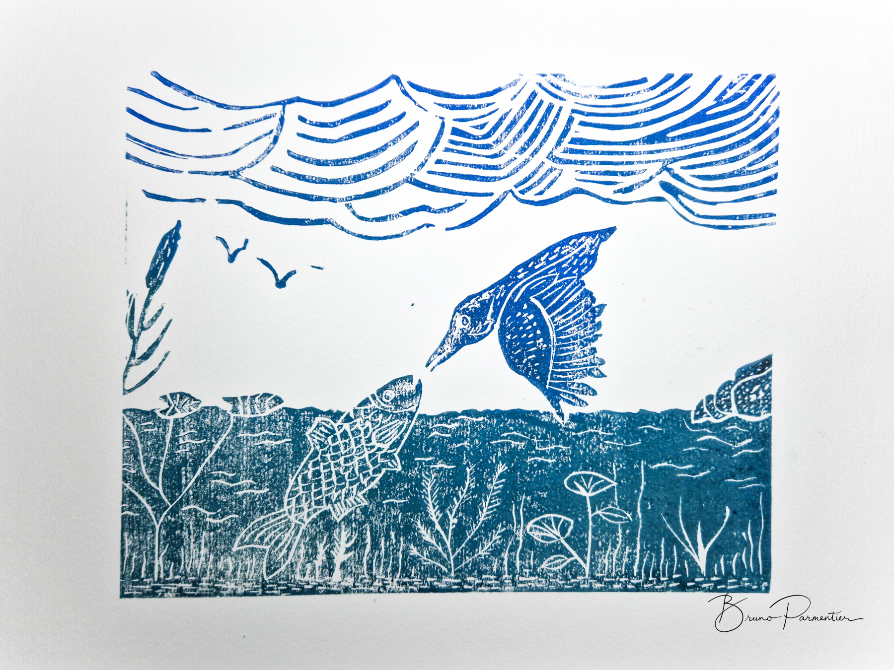 Un petit poisson, un petit oiseau - Linogravure (Salon de printemps 2023)