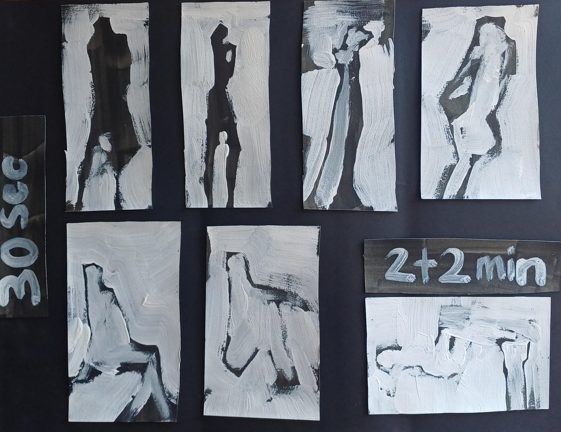 Observational Sketches I, Black acrylic, white latex house paint on watercolor paper, 6 x 3.5 inches, 2025 I cut a large sheet of watercolor paper, that I pre-painted black, into small pieces, to make smaller sketches from observation, to practice the negative shape technique. 