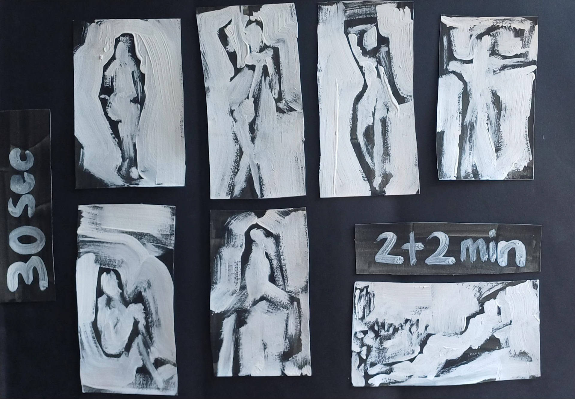 Observational Sketches II, Black acrylic, white latex house paint on watercolor paper, 6 x 3.5 inches, 2025 I used a bristle brush dipped in white paint, to sketch the model, changing her gestural poses every 30 seconds.  My objective was to create the illusion of black drawing on a white substrate, working with white paint and paying attention to the negative space.